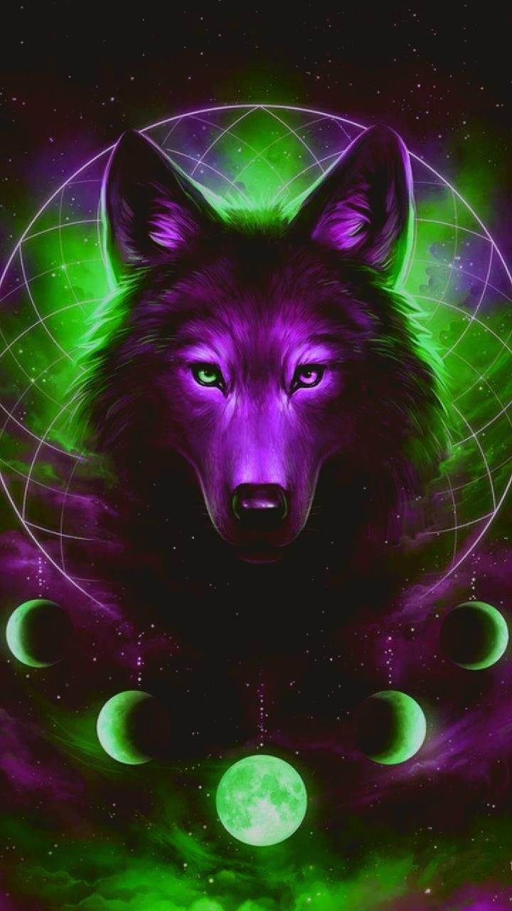 紫色狼，眼睛發光，被綠色月球和宇宙能量包圍。 — 銀河狼 壁紙