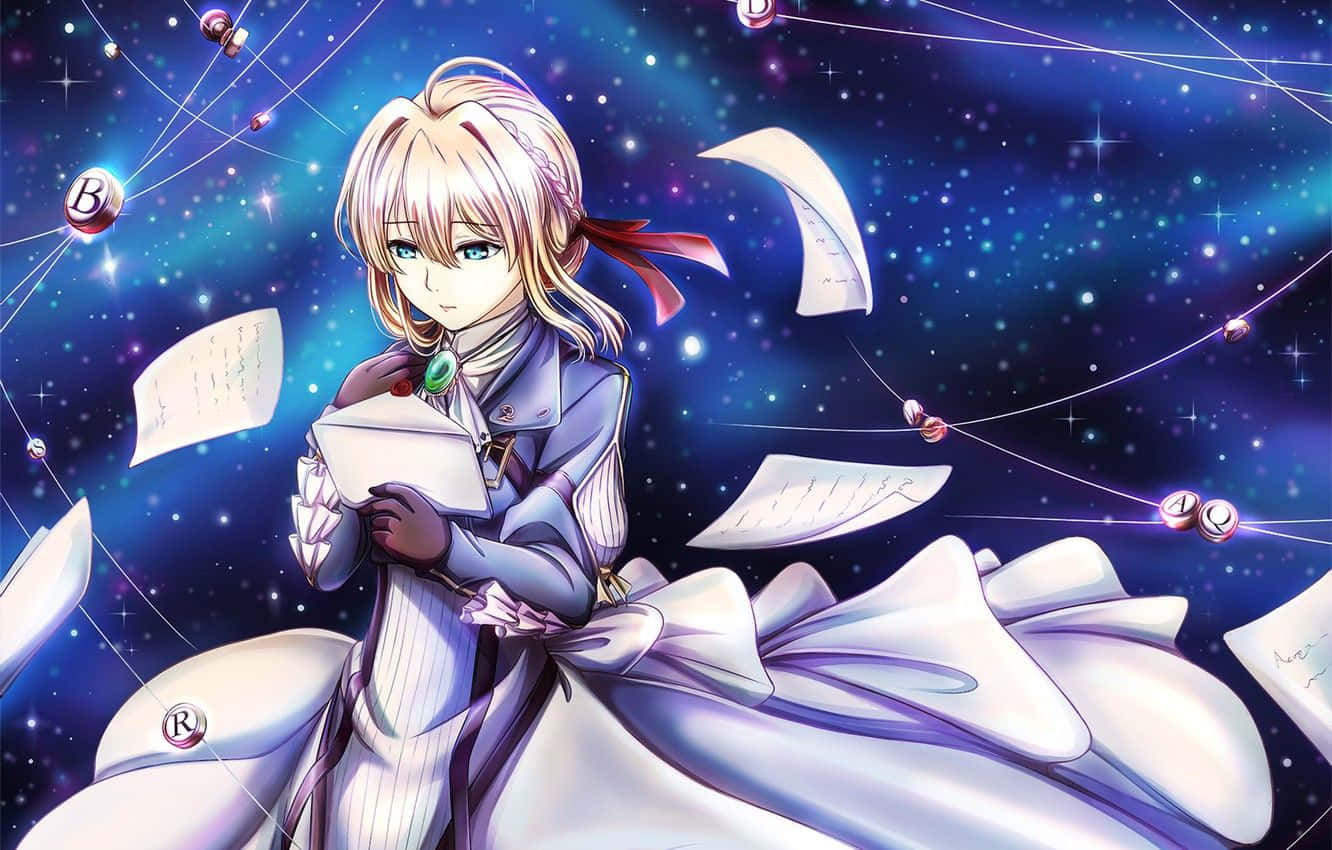 動漫女孩穿白色連衣裙在星空宇宙場景中閱讀信件，周圍有漂浮的紙張。