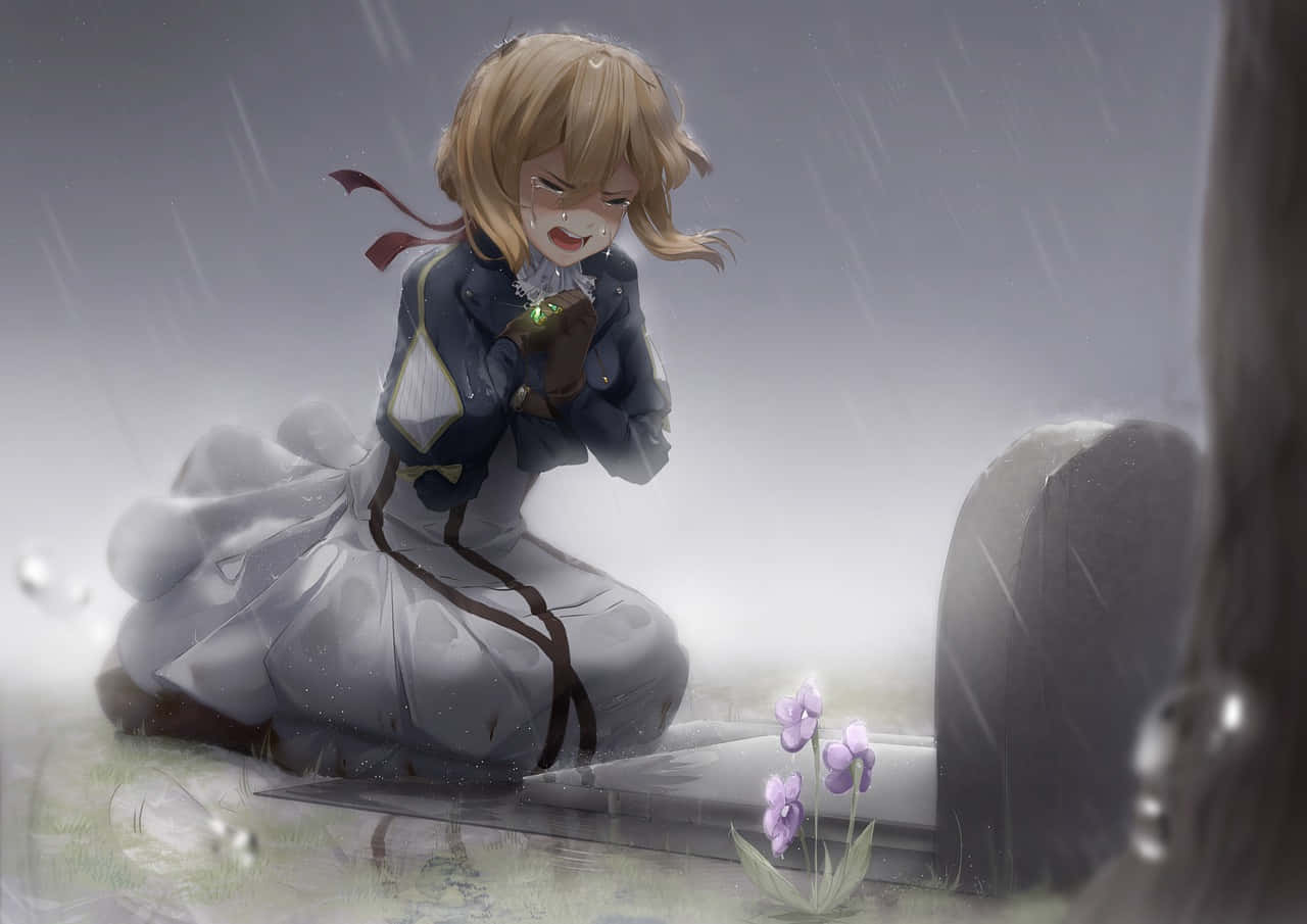 動漫女孩在雨中墓地哭泣手持發光愛心