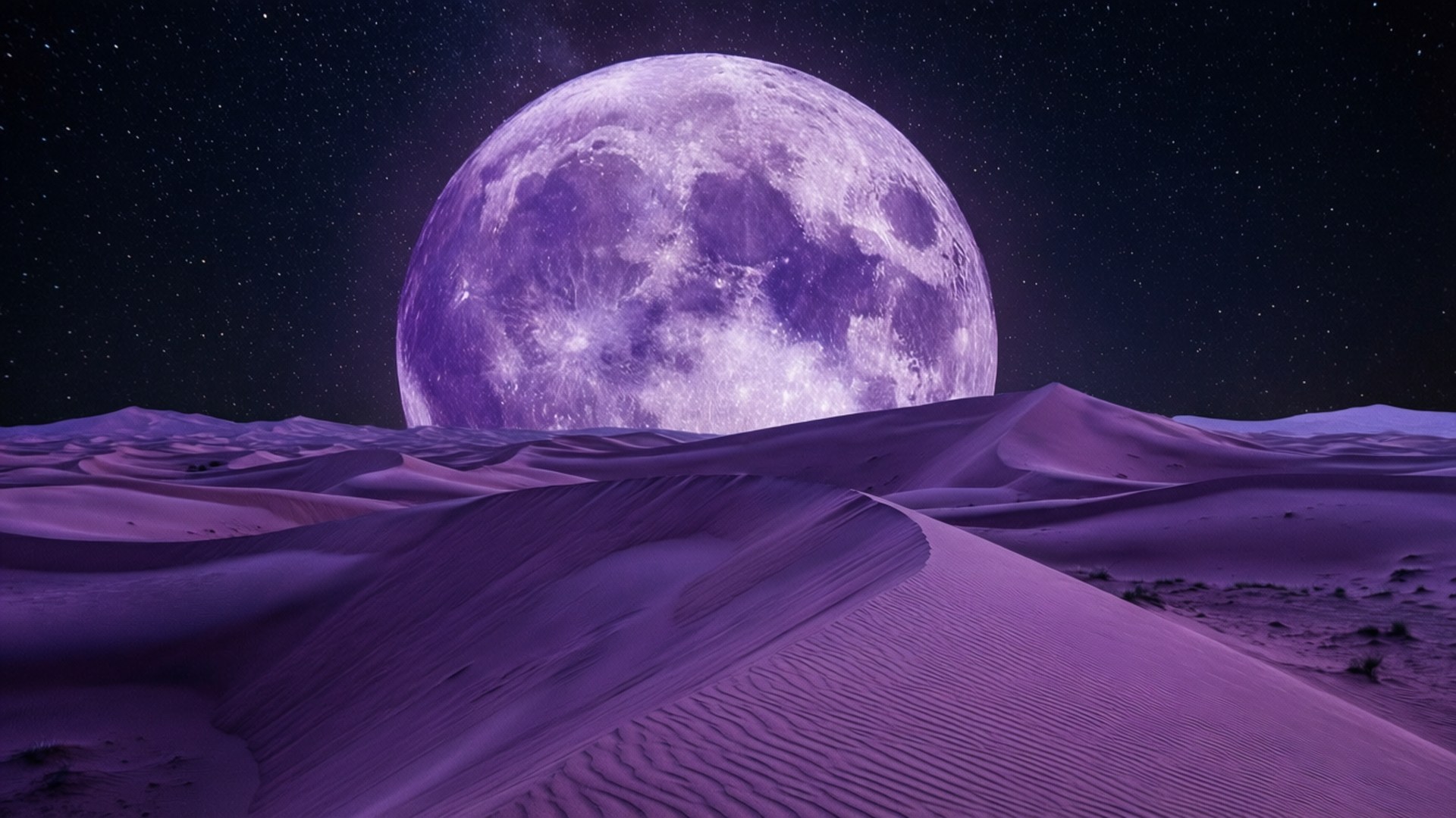 紫色月亮在沙漠沙丘上昇起，星空下
