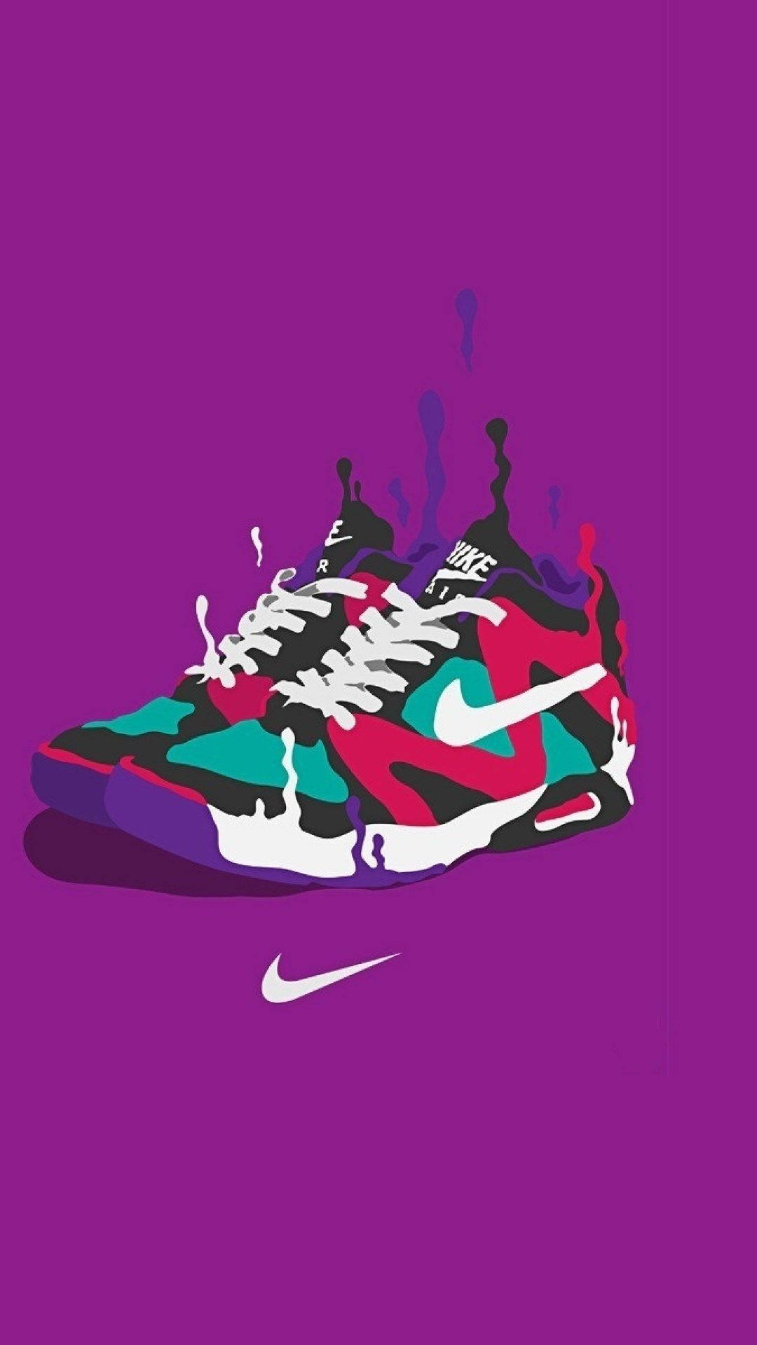紫羅蘭背景卡通鞋 壁紙 — 一雙充滿活力的Nike運動鞋，在純紫色背景上有滴落的油漆飛濺。
