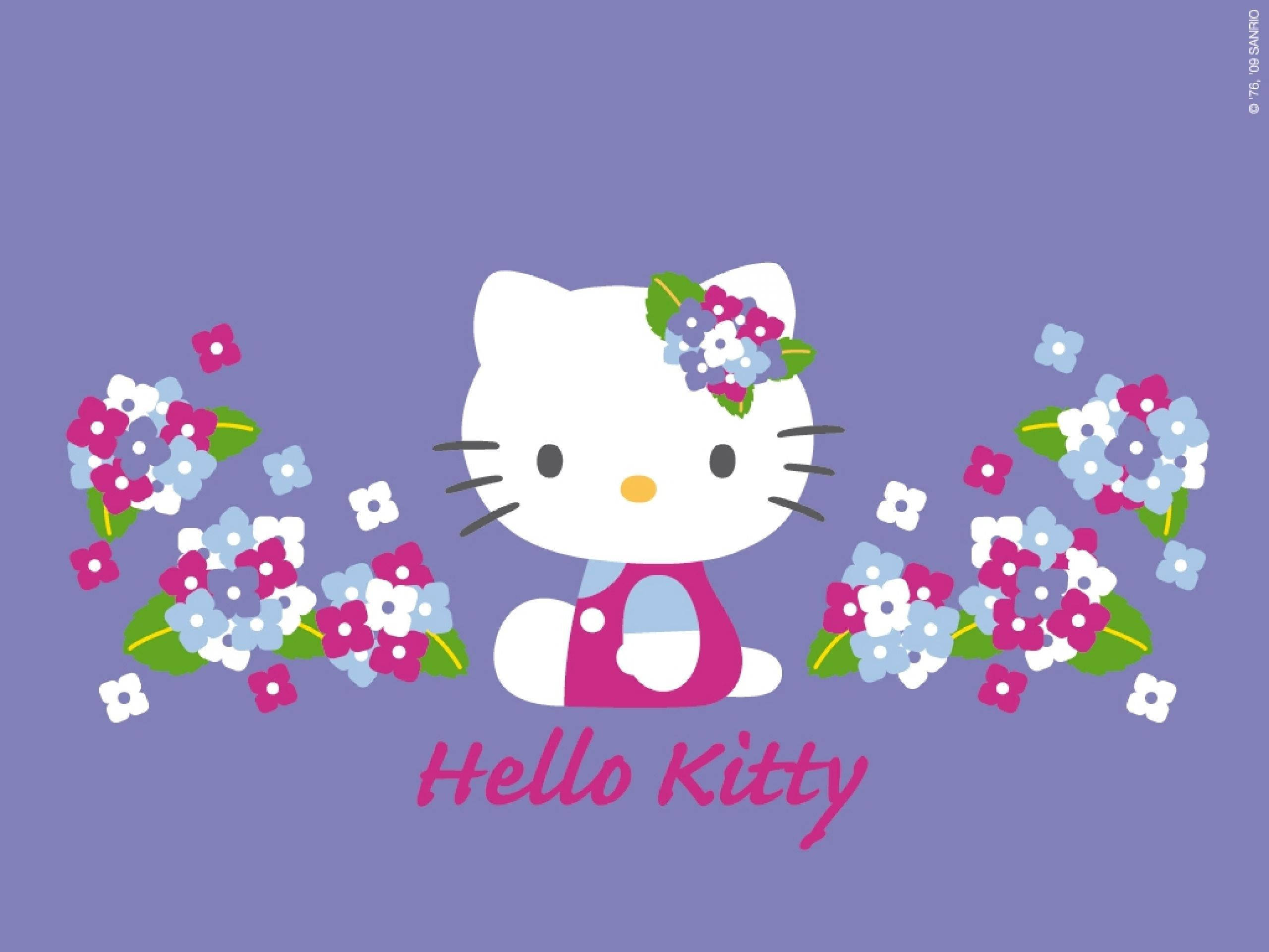 紫羅蘭色 Hello Kitty 桌面 壁紙 — Hello Kitty 坐在紫色背景上，被粉紅色、藍色和白色的花朵包圍，下面寫著她的名字。