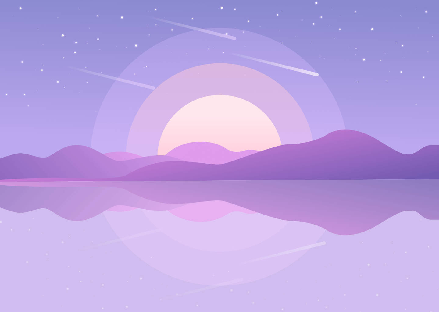 紫羅蘭色漸層風景 壁紙 — 一幅寧靜的紫色日落，映照在平靜的水面上，山巒和流星點綴其中，以極簡數位插畫風格呈現。