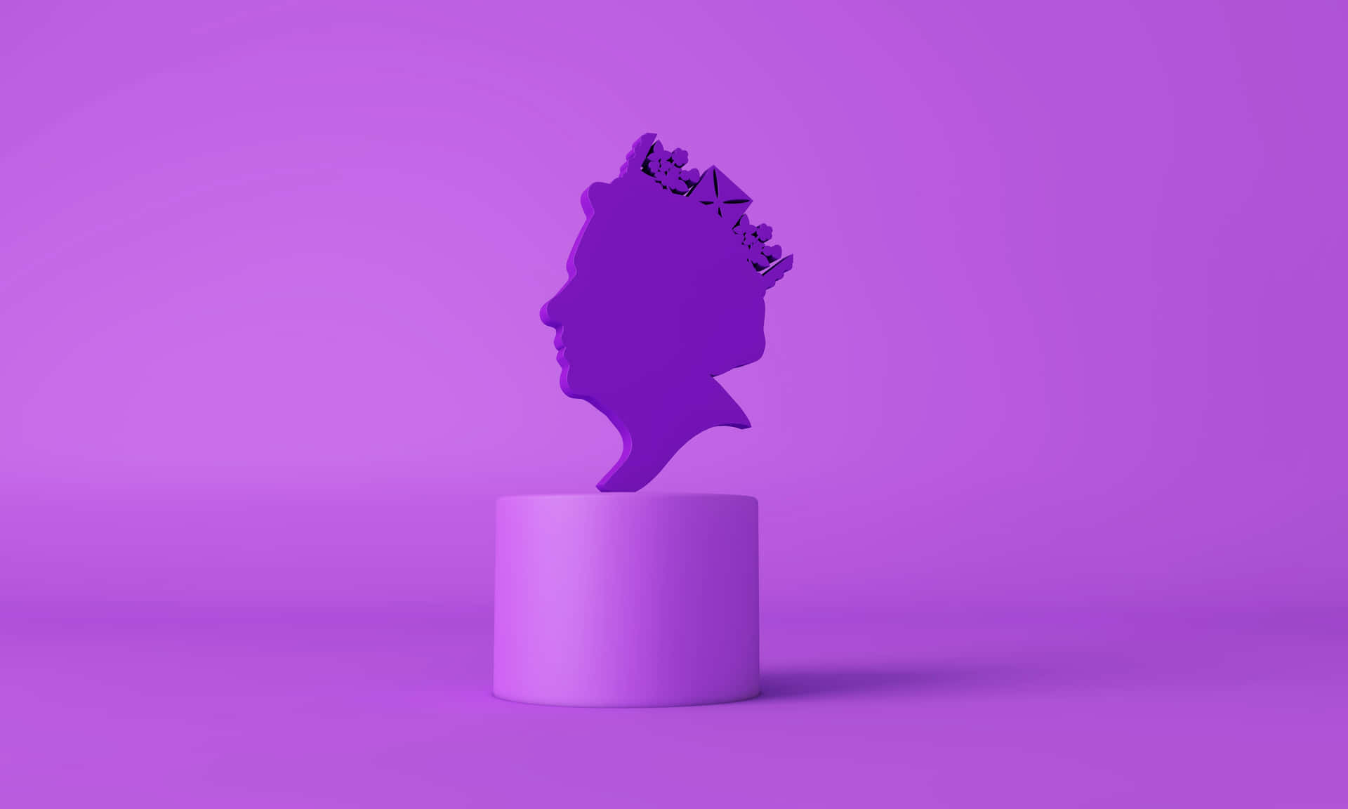 基座上的戴皇冠女王側面紫色3D剪影。