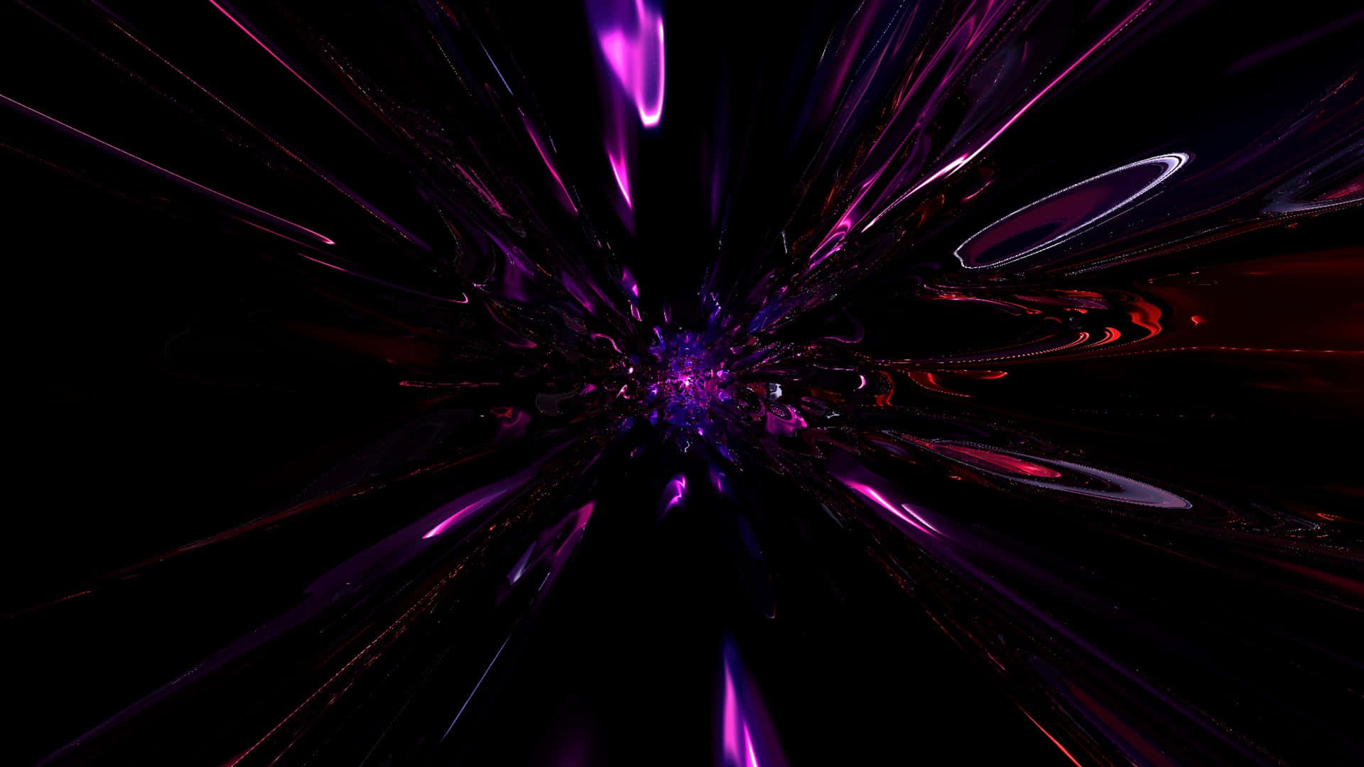 紫羅蘭色運動模糊 GFX 背景 壁紙 — 充滿活力的紫色和紅色光線從中心點向黑色虛空爆發，形成宇宙隧道效果。