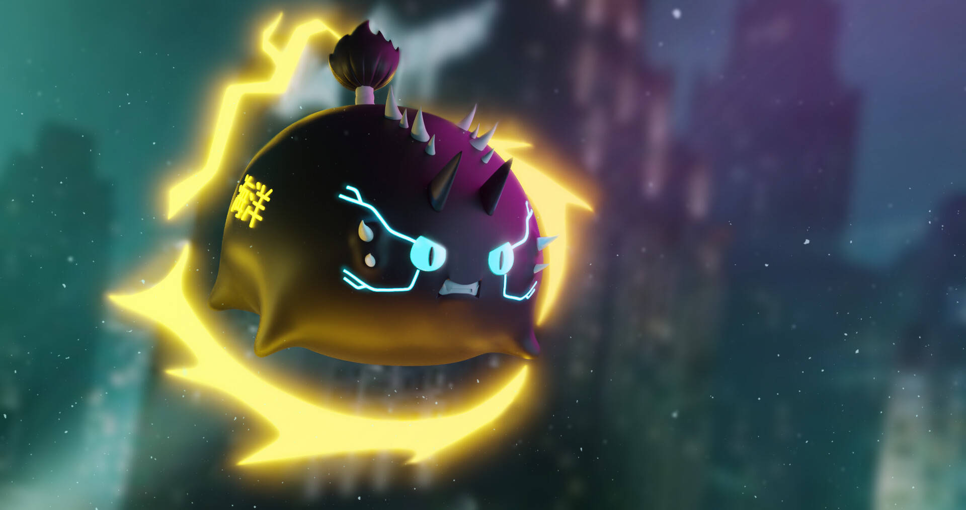 紫色 Axie Infinity 角色 壁紙 — 一個發光的紫色尖刺鬼魂，帶有閃電光環，漂浮在黑暗的城市景觀中。