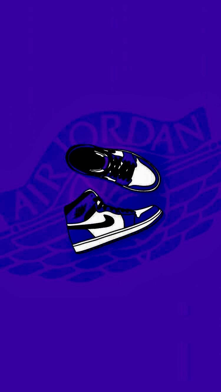 Air Jordan波鞋漂浮喺紫色背景上，帶有模糊標誌