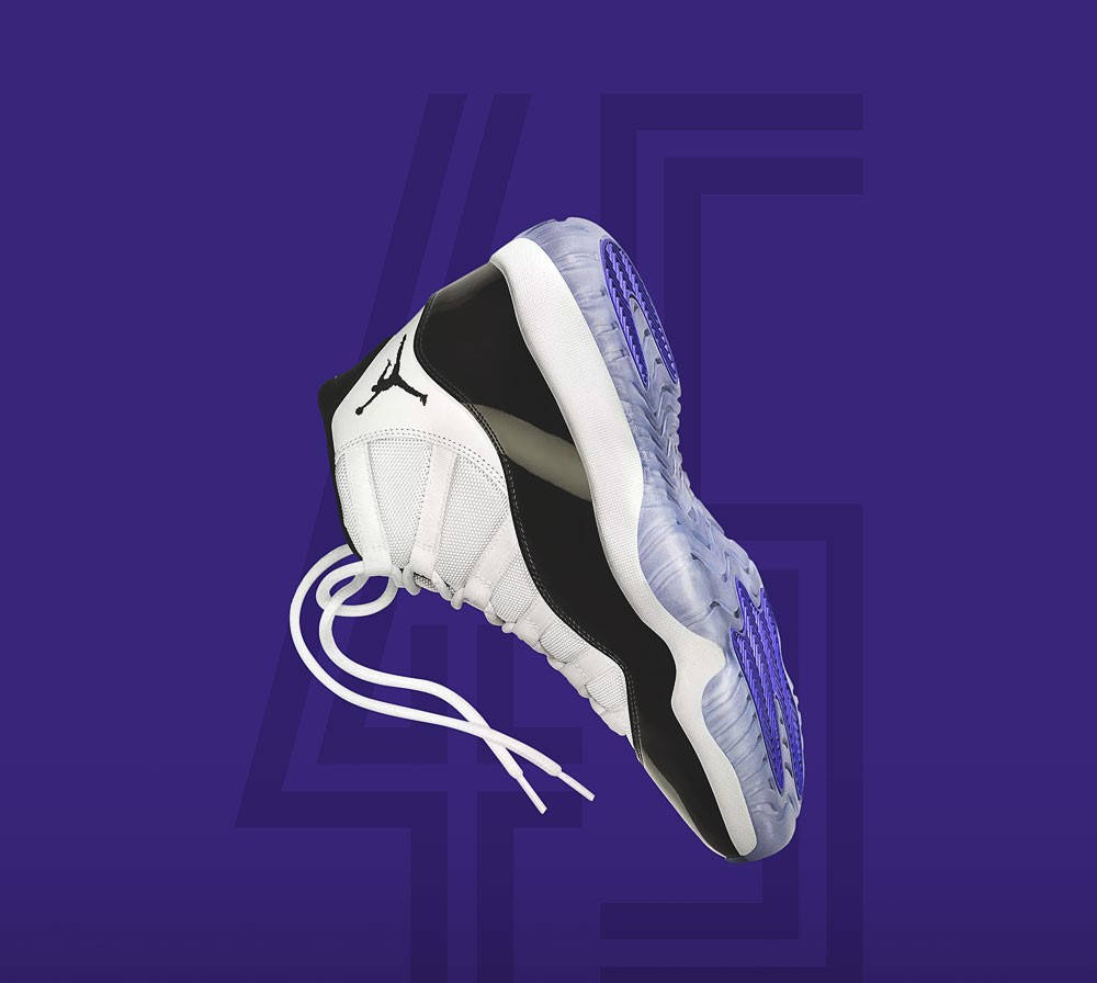 漂浮的Jordan 11運動鞋，白色鞋帶，紫色背景。