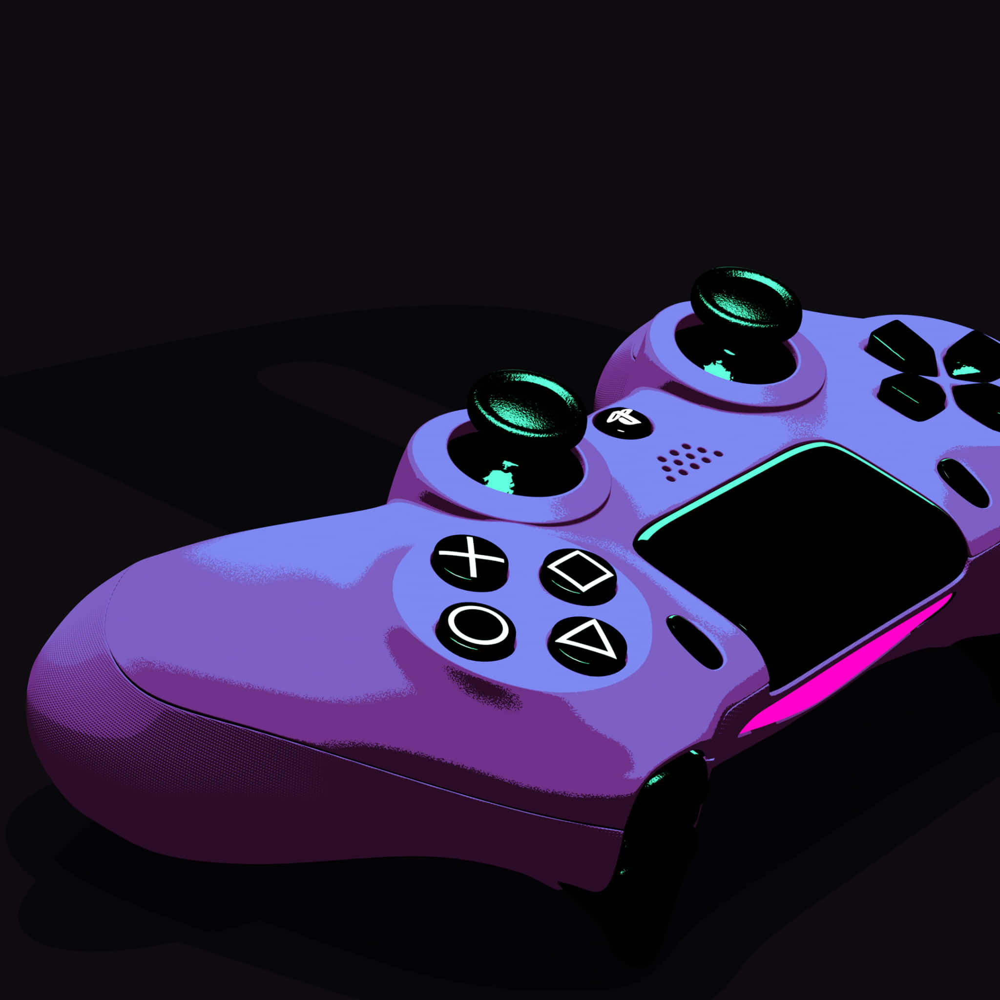 紫色 PS4 遙控器波普藝術圖 壁紙 — 一個充滿活力的紫色遊戲手把，帶有發光的綠色和粉紅色點綴，在戲劇性燈光下放置在黑暗表面上。