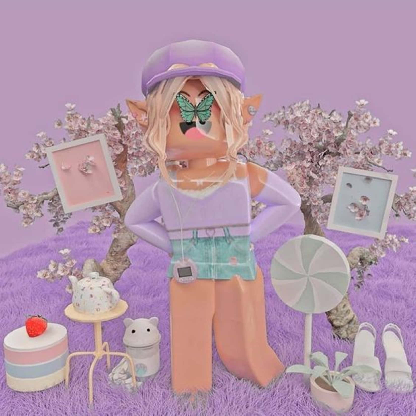 一個戴著蝴蝶眼鏡和精靈耳朵的 Roblox 角色在粉紫色田野中擺姿勢，周圍有櫻花和糖果道具。