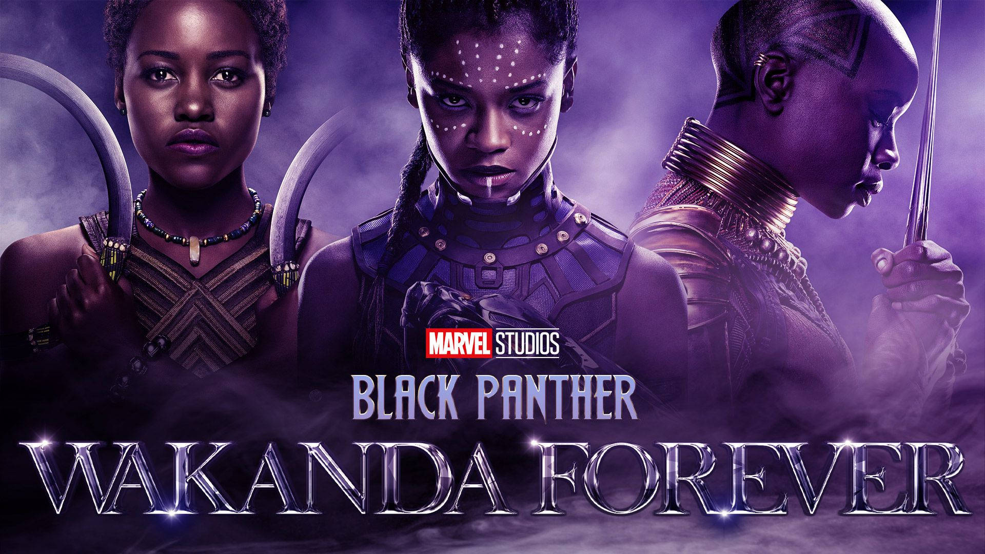 Wakanda Forever 電影海報中的三個黑豹角色，帶有紫色燈光。