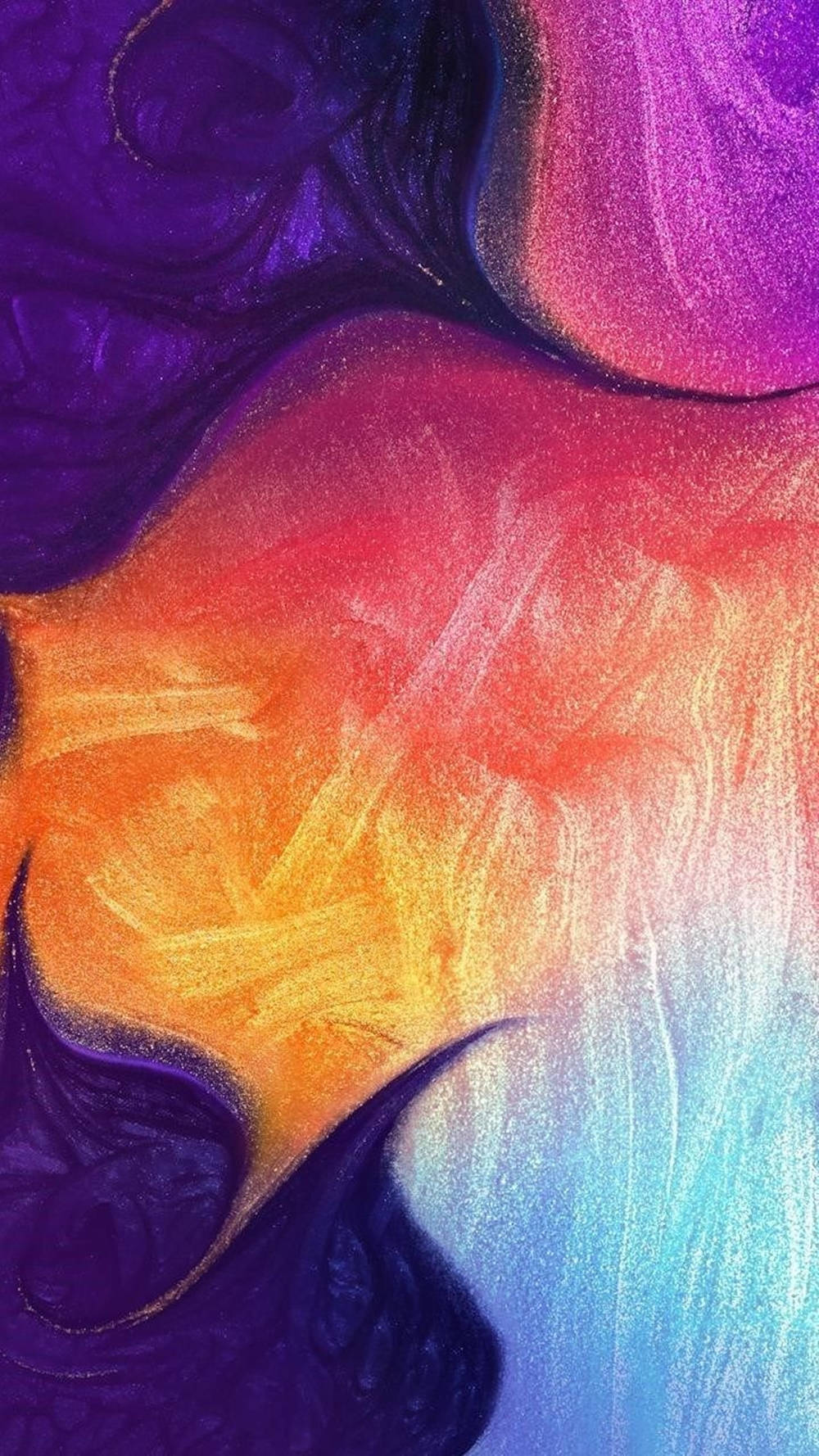 彩虹 桌布 壁紙 — 紫色、粉紅色、橙色和藍色的鮮豔抽象漩渦融合在流暢的繪畫質感中。