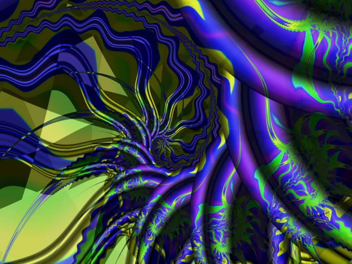 Postmodernism 桌布 壁紙 — 紫色、綠色和黃色的鮮豔數碼漩渦，以流暢的有機線條創造出迷人的抽象分形圖案。