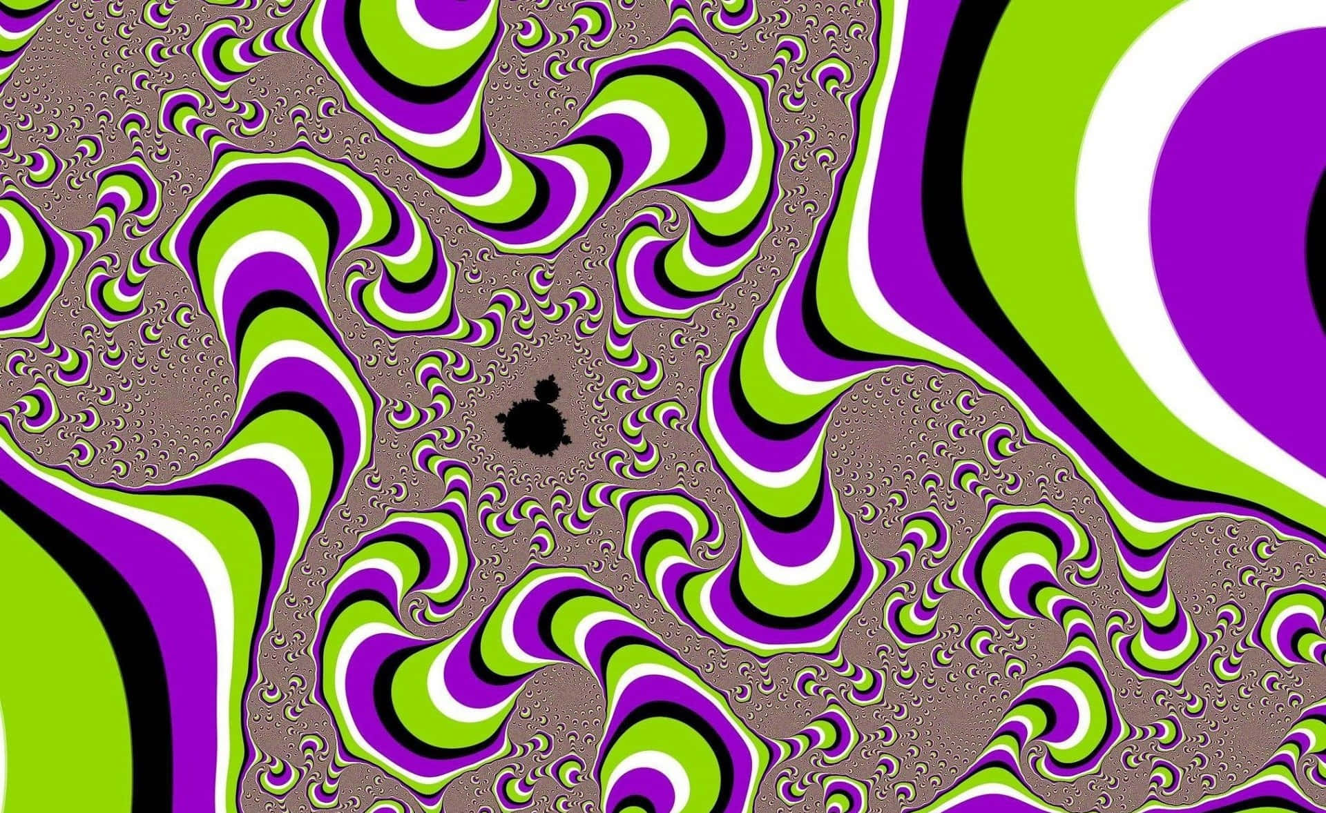 Trippy 3d Art 桌布 壁紙 — 紫色、青檸色和黑色的鮮豔迷幻漩渦，在帶有紋理的棕色背景上創造出迷人的錯覺效果。