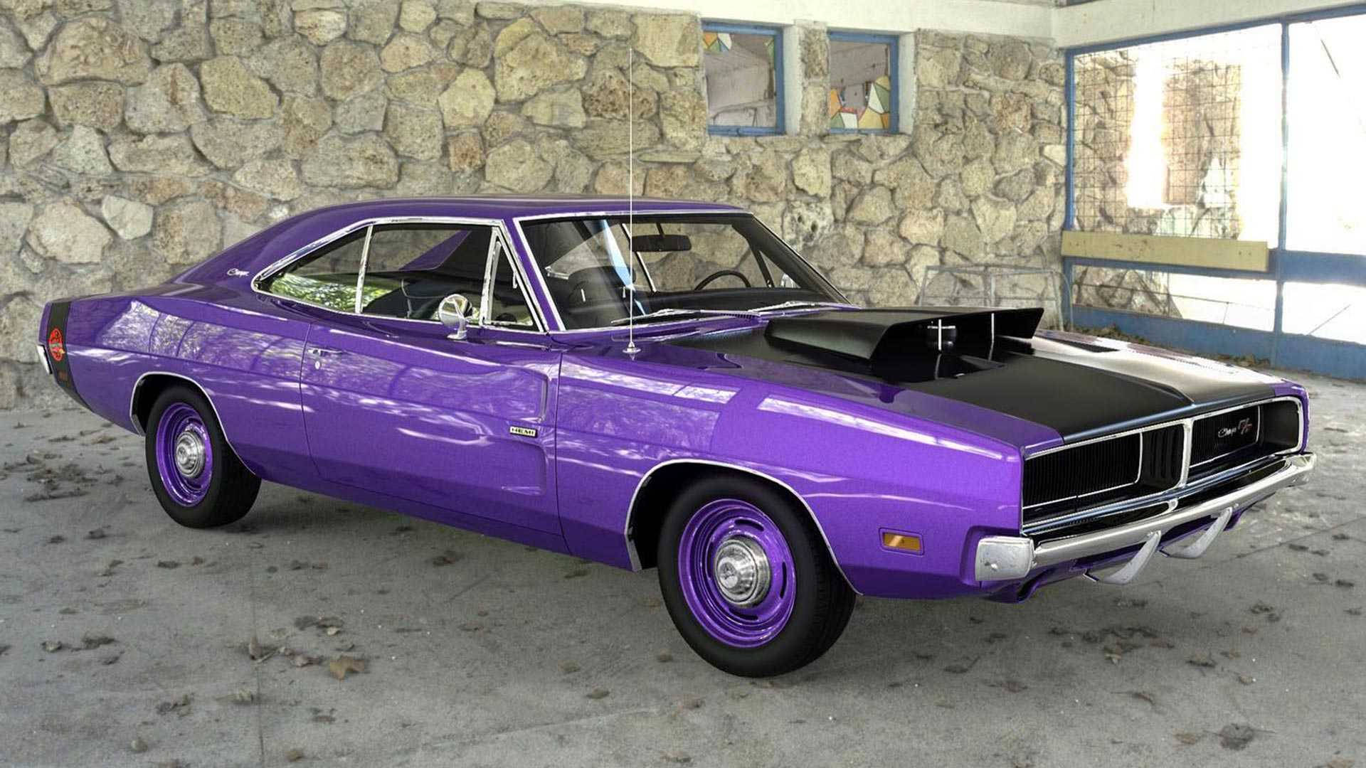 紫色經典肌肉車停放在石牆車庫
