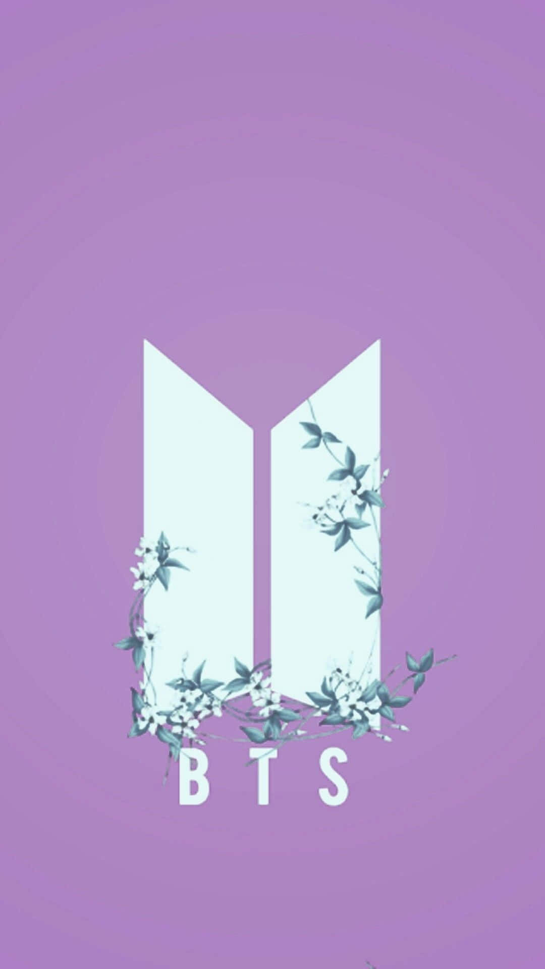 紫色BTS iPhone壁紙 壁紙 — 白色BTS標誌搭配花卉藤蔓，置於柔和紫色漸變背景上。