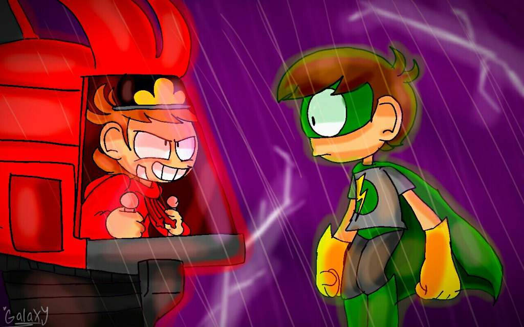 紫色主題Eddsworld線上遊戲 壁紙 — 兩個動畫角色在暴風雨的紫色天空中對峙，一個在紅色車輛中，另一個穿著綠色超級英雄服裝。