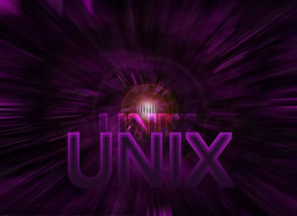 在充滿輻射光條的數位隧道中，發光的紫色UNIX文字。