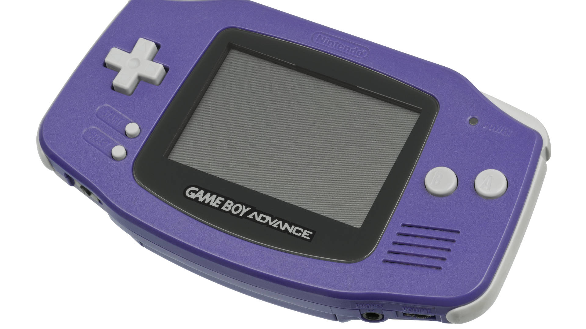 紫色任天堂Game Boy Advance 壁紙 — 一部充滿活力的紫色 Nintendo Game Boy Advance 手提遊戲機，在白色背景下的乾淨工作室照片中展示。