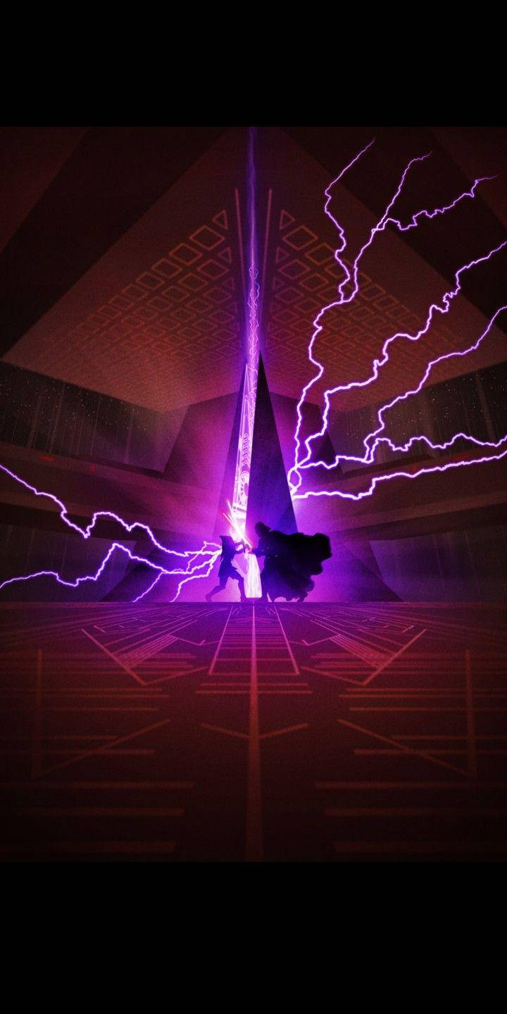 兩個人物在幾何黑暗房間中，在紫色閃電中戰鬥。