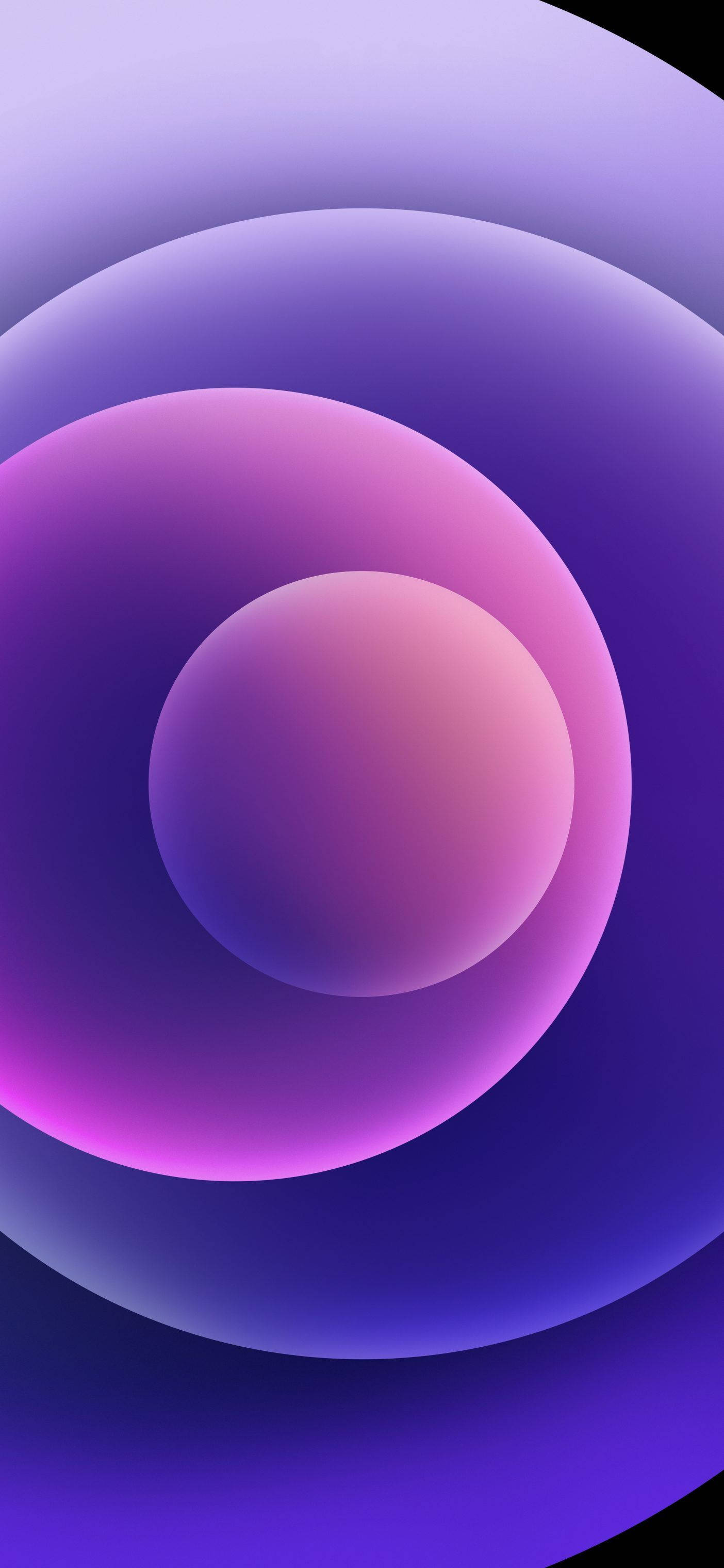 紫色光球 iPhone 12 壁紙 — 嵌套的發光球體在漸變紫色、粉紅色和藍色中創造出寧靜的數碼抽象構圖。