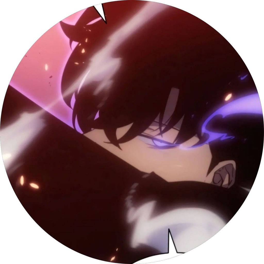 紫色凝視 Discord 壁紙 — 一個圓形動漫特寫，描繪一位深色頭髮的角色，擁有發光的紫色眼睛和閃電效果，背景是戲劇性的粉紅色和紫色場景。