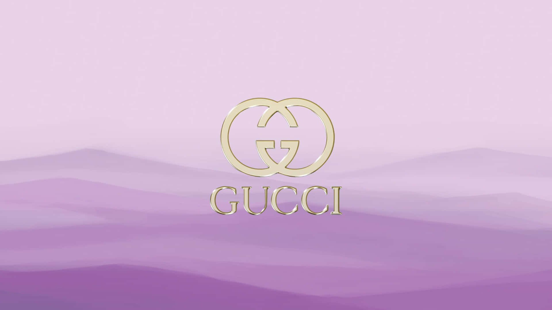 Gucci標誌居中於風格化的紫色山脈和天空之上。
