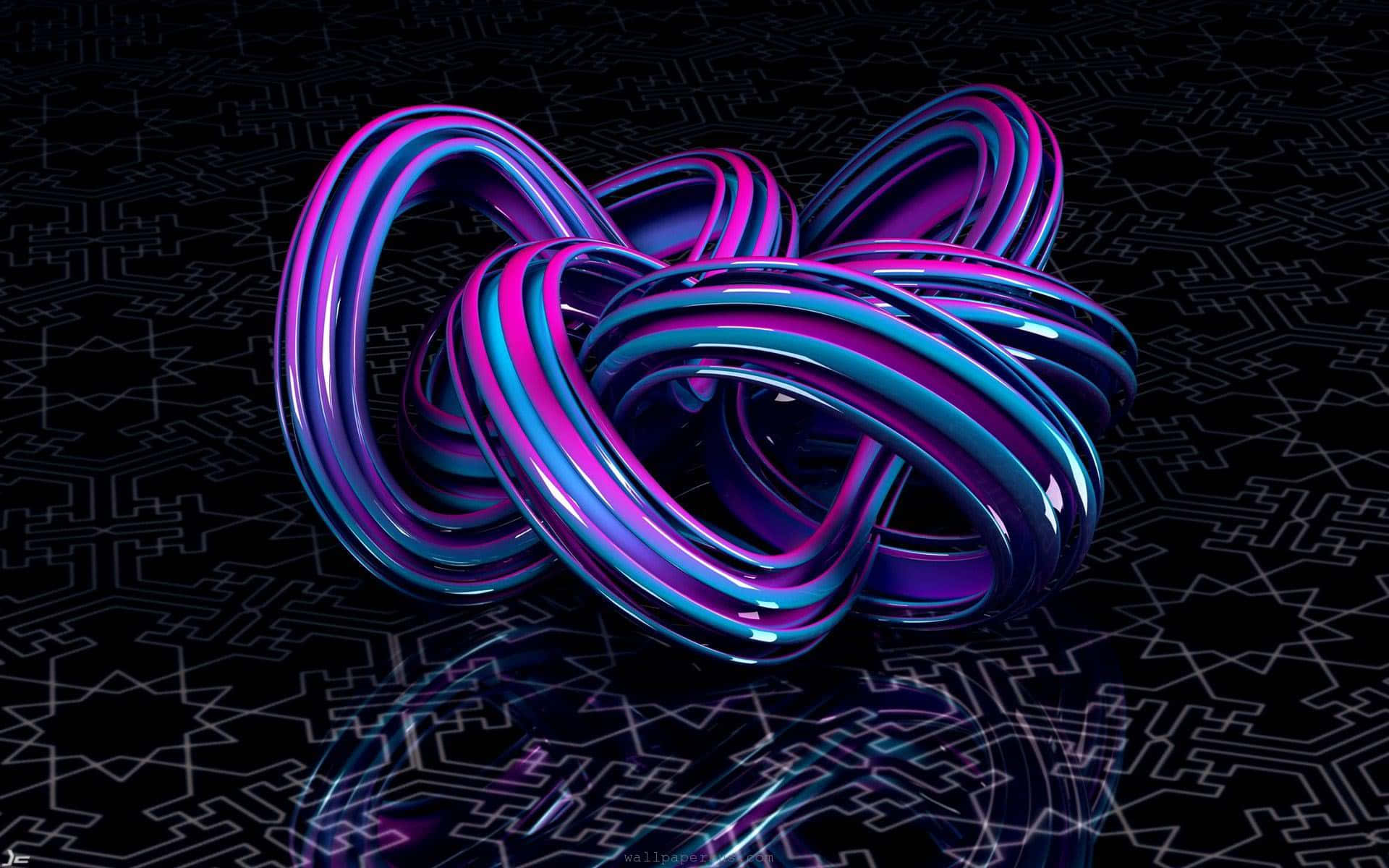 3d Abstract 桌布 壁紙 — 紫色和藍色的光澤交織霓虹管在黑暗的電路圖案背景上發光。