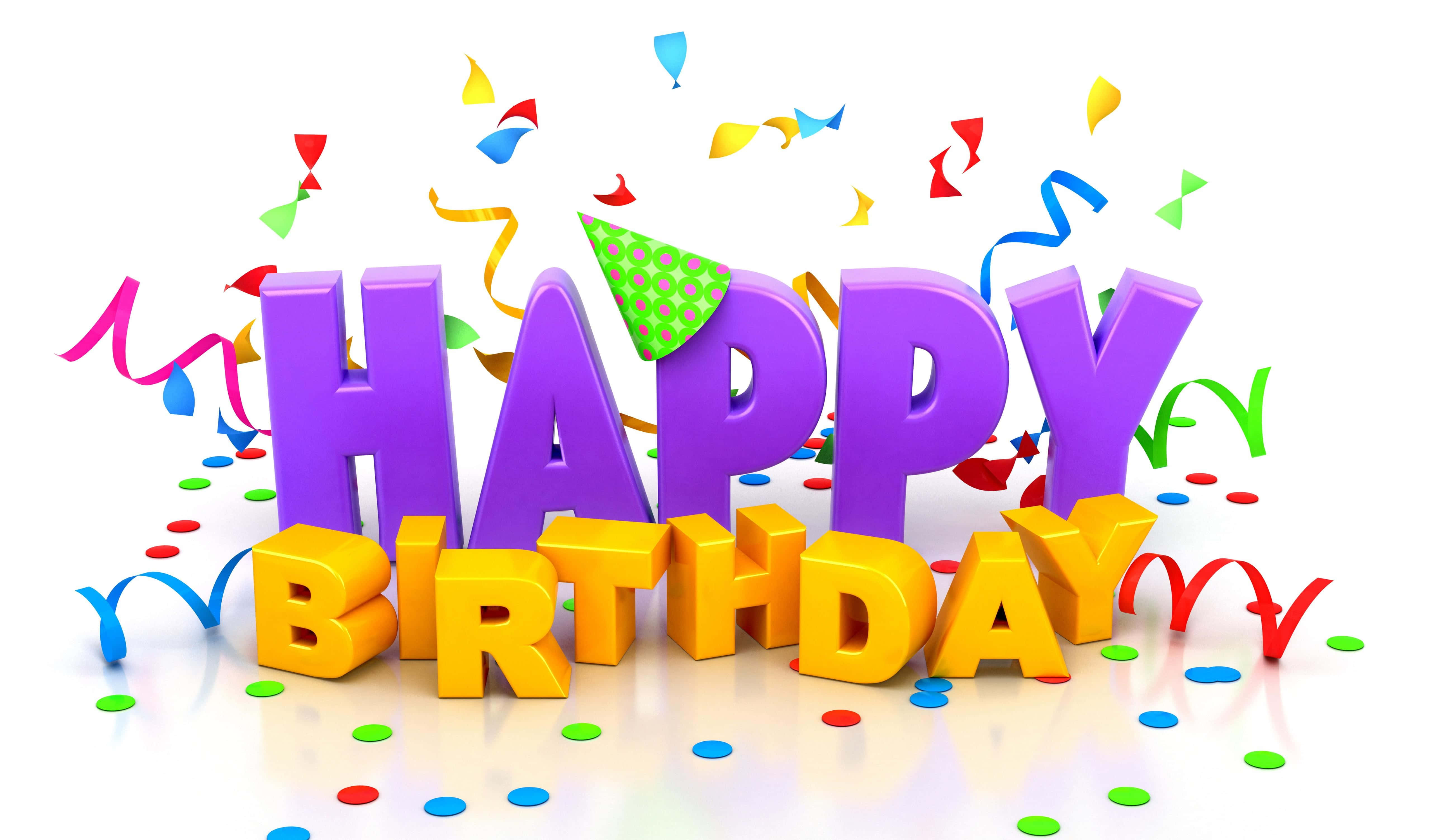 Birthday Wishes 桌布 壁紙 — 紫色和黃色的鮮豔3D渲染「HAPPY BIRTHDAY」字母，周圍環繞著五彩紙屑和彩帶。