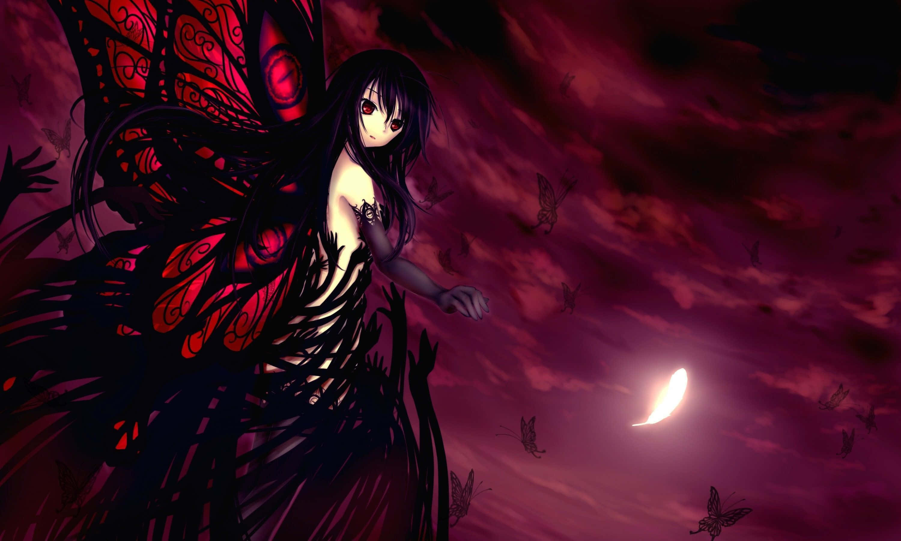 紫色哥德風——幽影幻想 壁紙 — 一個黑髮動漫女孩，擁有紅色發光蝴蝶翅膀，在血紅色的天空中漂浮，天空中有新月和飛舞的蝴蝶。