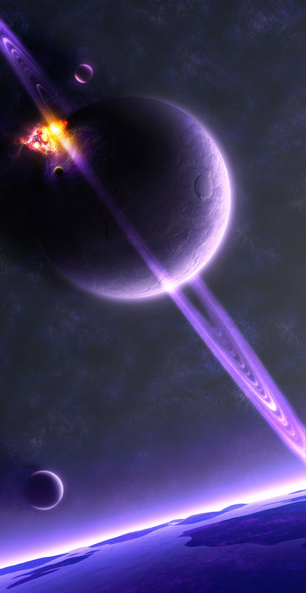 一個帶有發光環的紫色行星，以及太空中的熾熱爆炸。