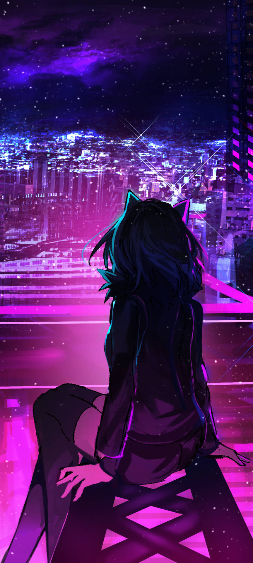 貓耳動漫女孩凝視著夜晚發光的霓虹城市。