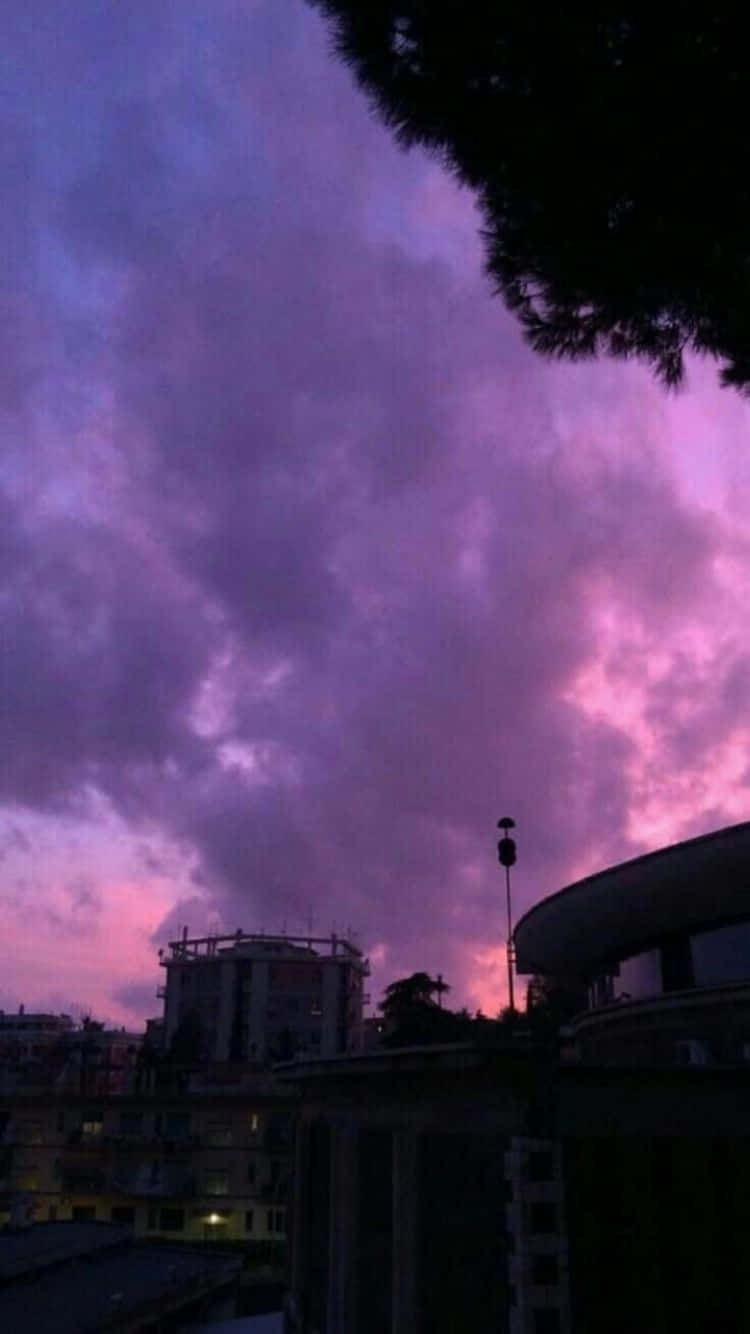 暮色中城市天際線上的紫色和粉紅色雲彩，建築物和樹木形成剪影。