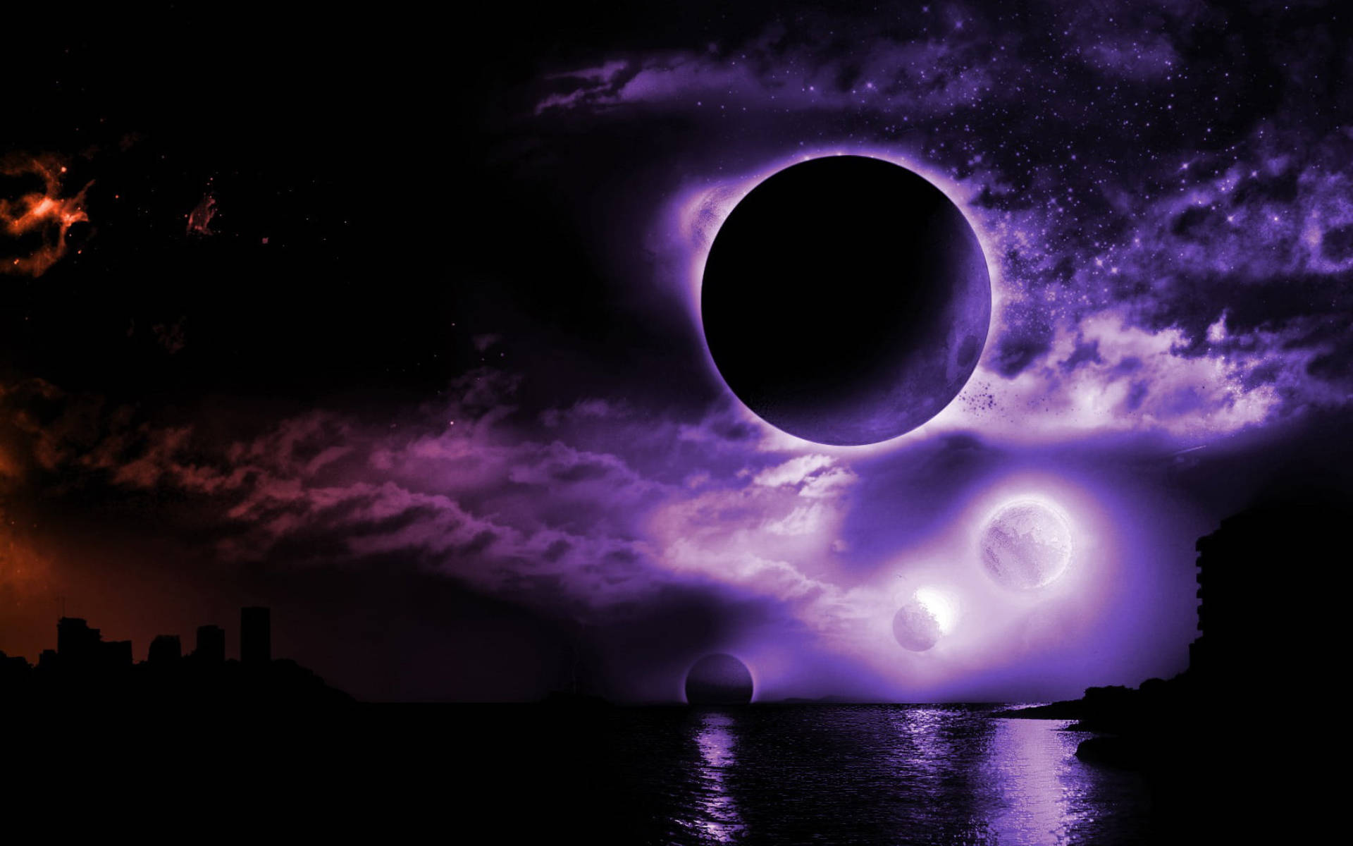 紫色夜空中的黑色行星 壁紙 — 宇宙日食在星空下的黑暗水面上投射出紫色光芒，城市剪影若隱若現。