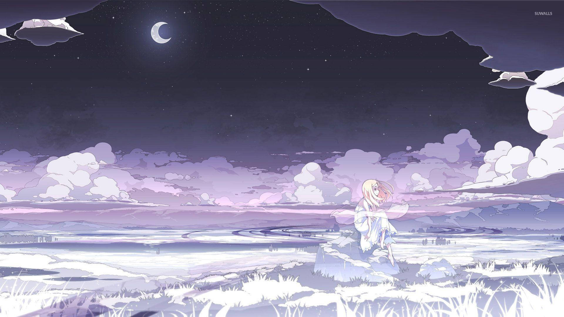 動漫女孩坐在雪地上，星空下新月高掛。