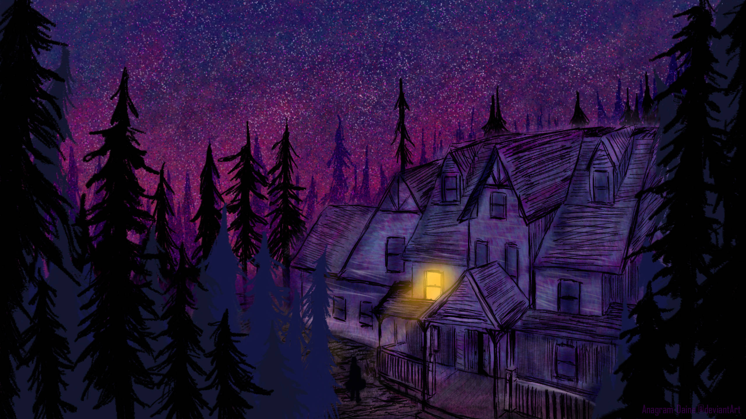 紫色夜空與小屋 壁紙 — 一間孤獨的房子坐落在森林中，在充滿活力的紫色星空下，有一扇發光的窗戶。