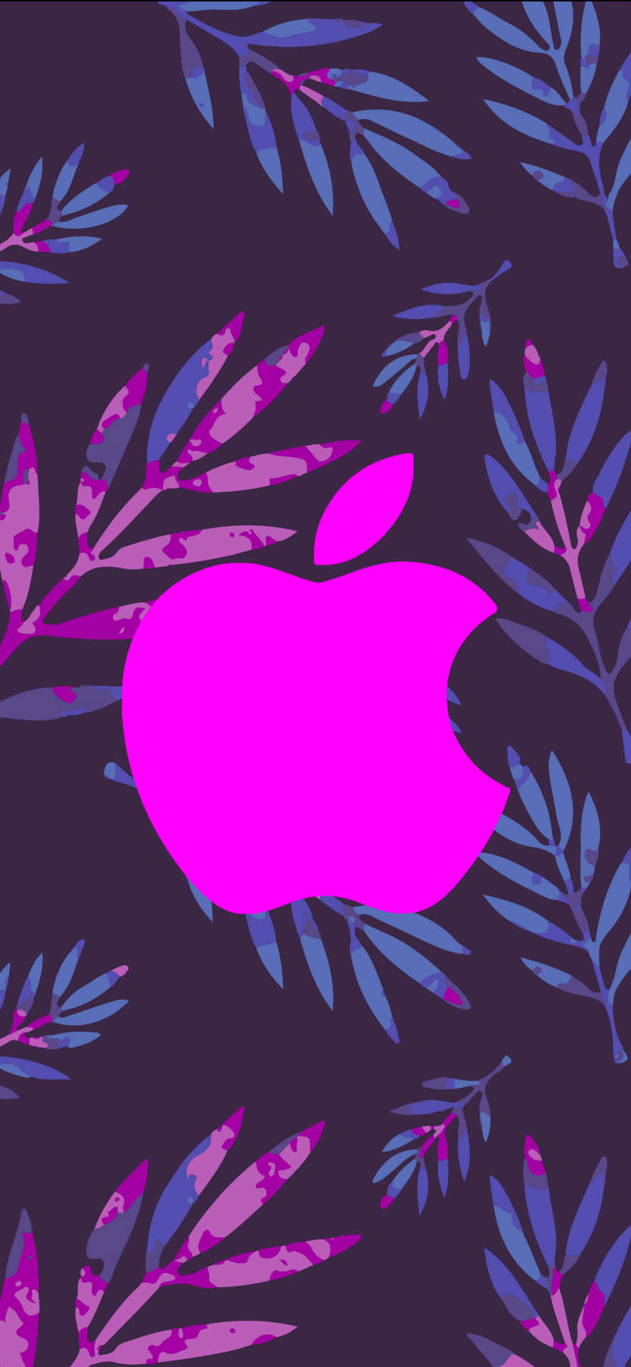 粉紅色Apple標誌被紫色和藍色葉片圖案包圍在深色背景上。