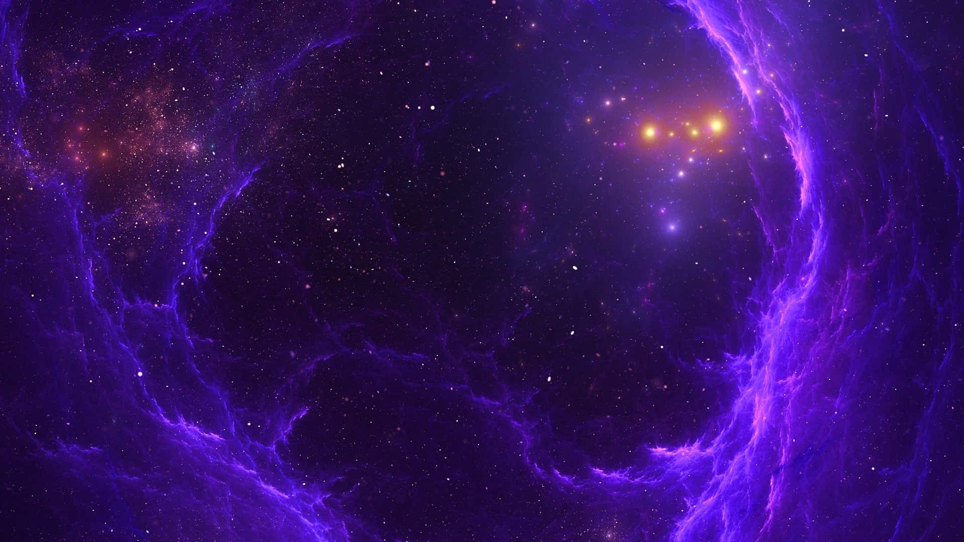 深空中帶有發光橙色恆星的紫色宇宙星雲。