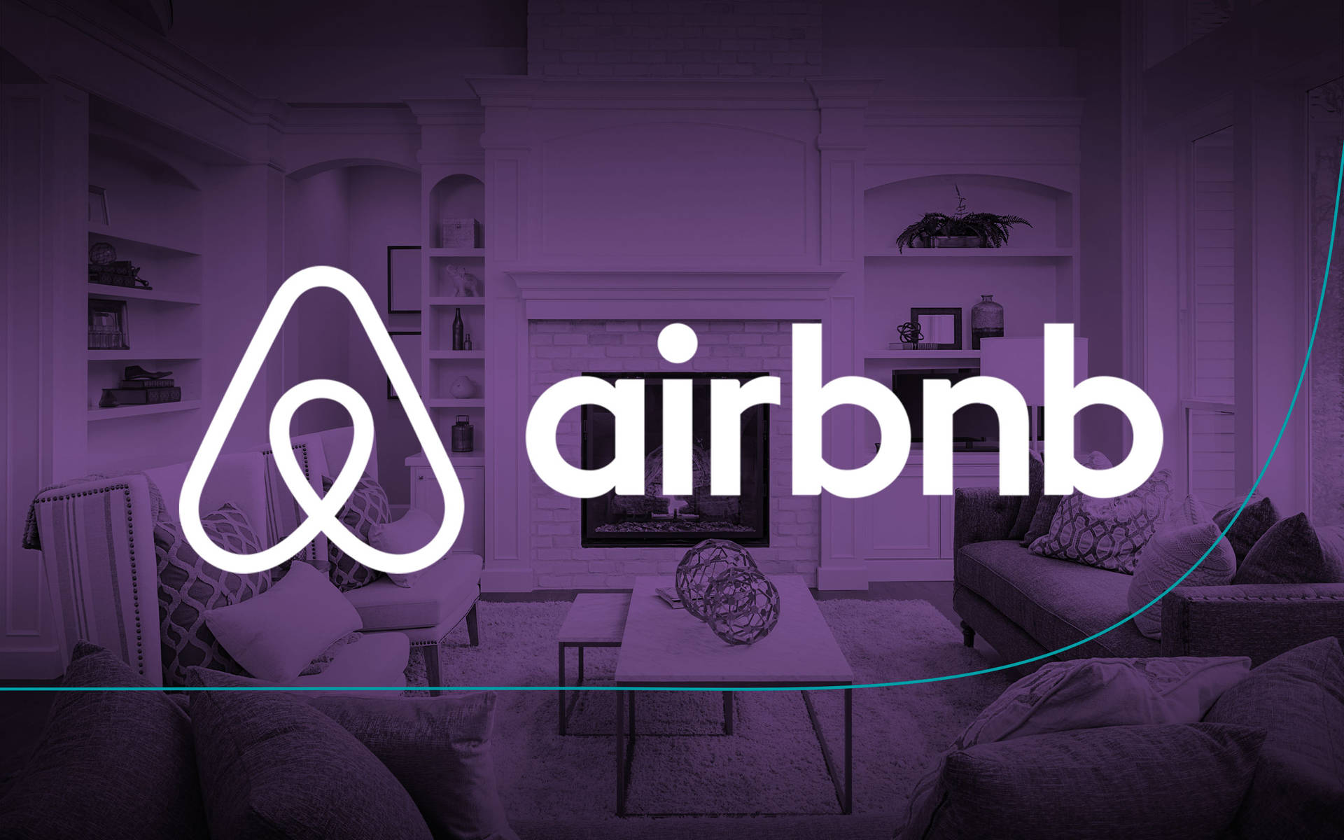 Airbnb標誌顯示在帶有壁爐和家具的紫色調客廳上方。