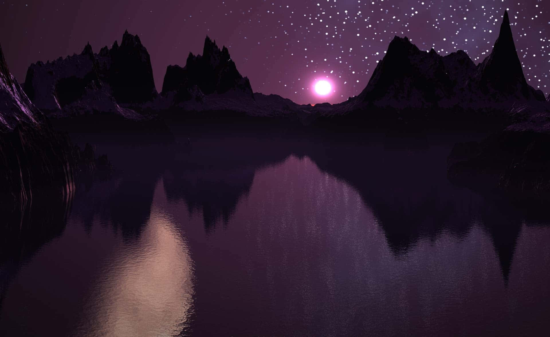紫色山脈倒映在平靜的水面上，星空下有一輪發光的月亮。