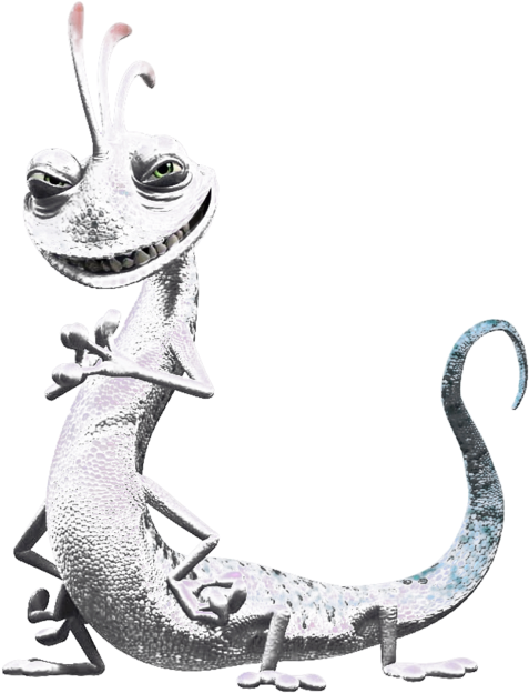 紫色微笑生物《怪獸公司》 壁紙 — 一隻卡通風格的紫色蜥蜴，咧嘴大笑，頭上有觸角，在黑色背景前自信地擺姿勢。