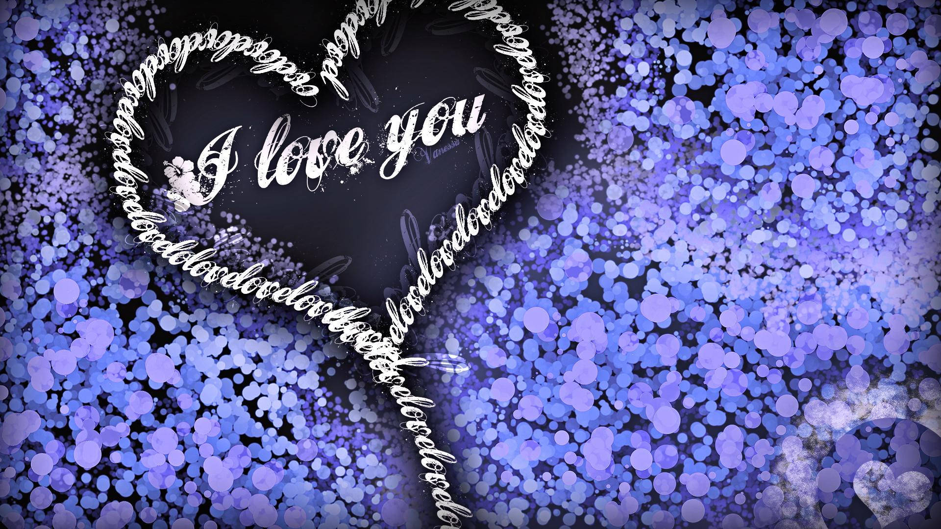 一個發光的愛心，帶有「I love you」文字，周圍環繞著紫色閃光。