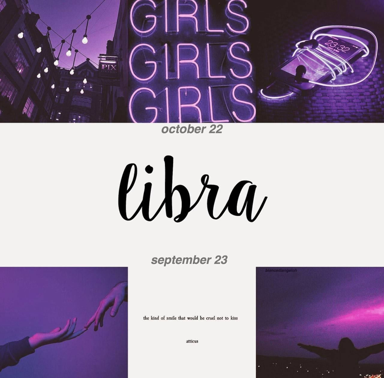紫色霓虹燈牌，上面重複寫著「girls」，下方是星座「libra」的文字，兩側是伸出的手和一個剪影。