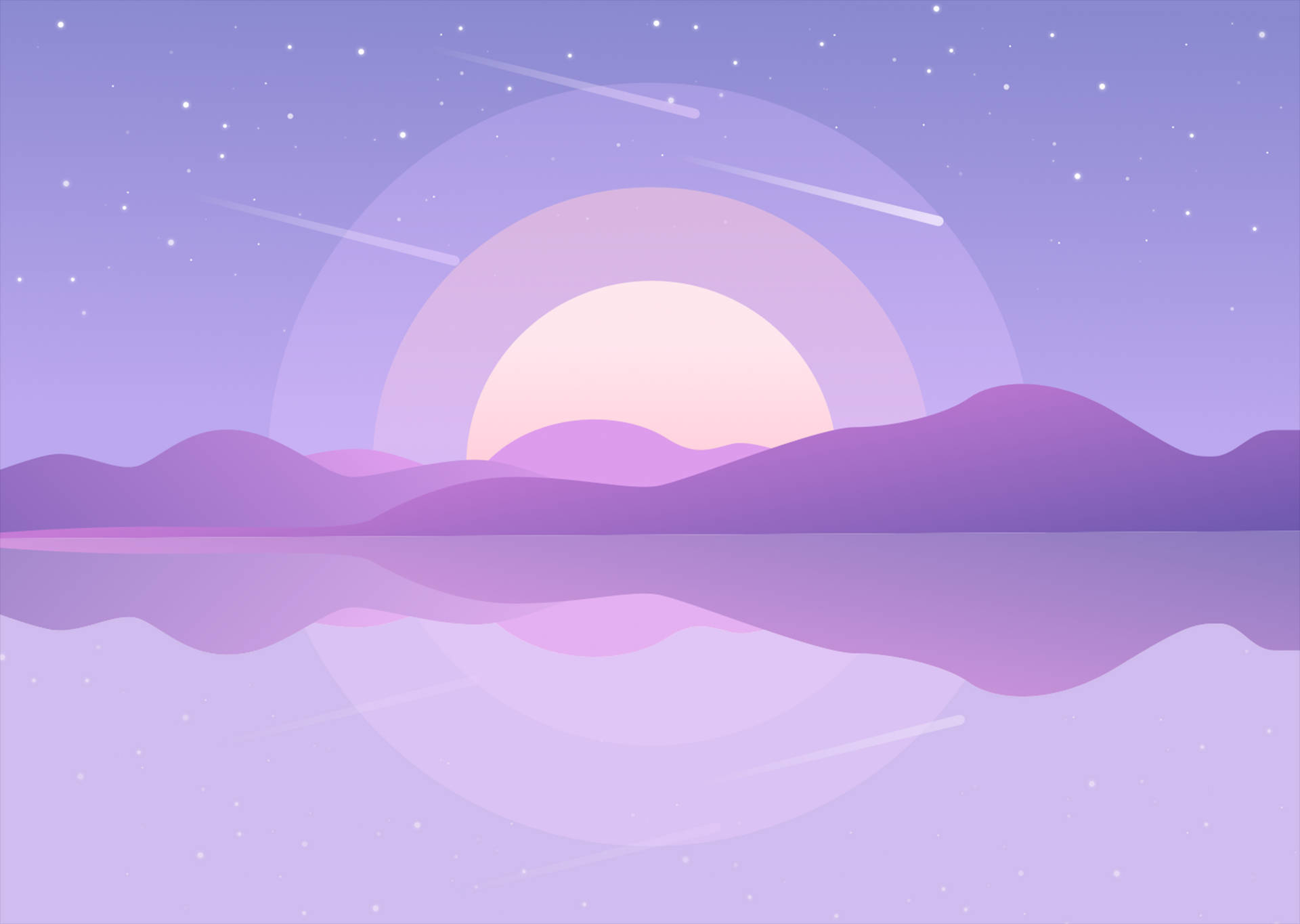紫色日落映照山丘，倒映在水中，伴隨星星和流星