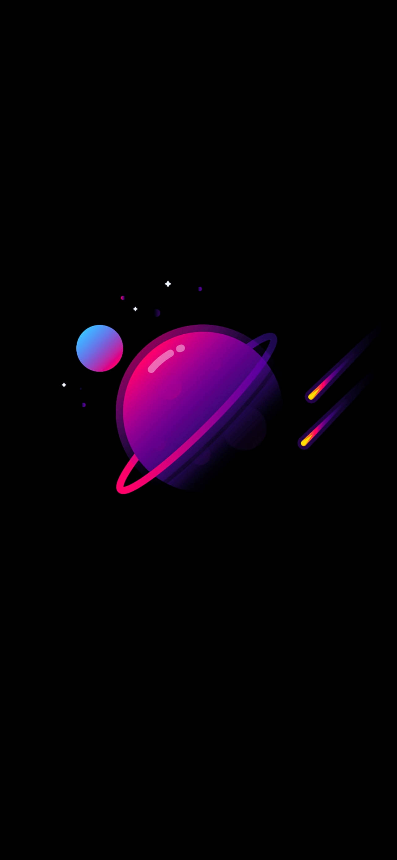 紫色星球宇宙藝術 壁紙 — 一顆發光的紫色行星帶有粉紅色環，在佈滿星星的黑色虛空和劃過的彗星旁邊，繞著一顆藍色衛星運行。