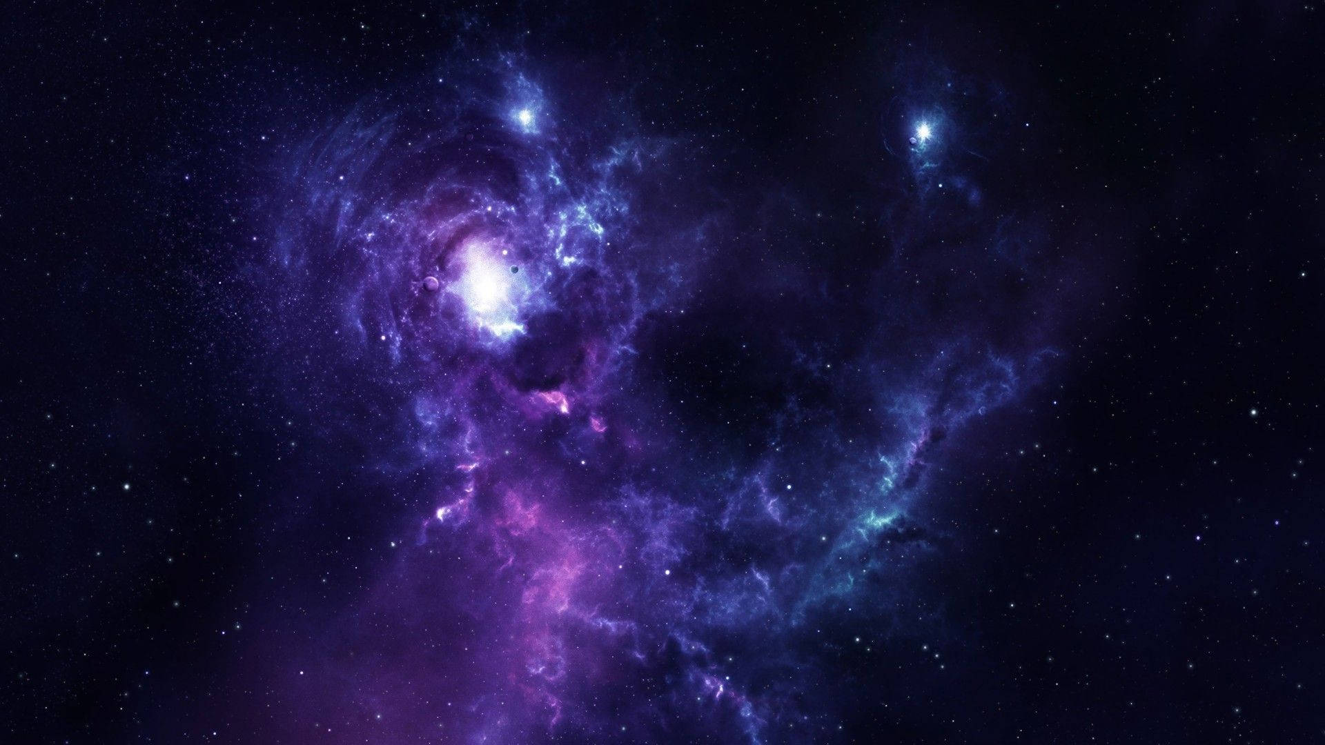 在深空中閃耀的充滿活力的紫色和藍色星雲，散落著星星。