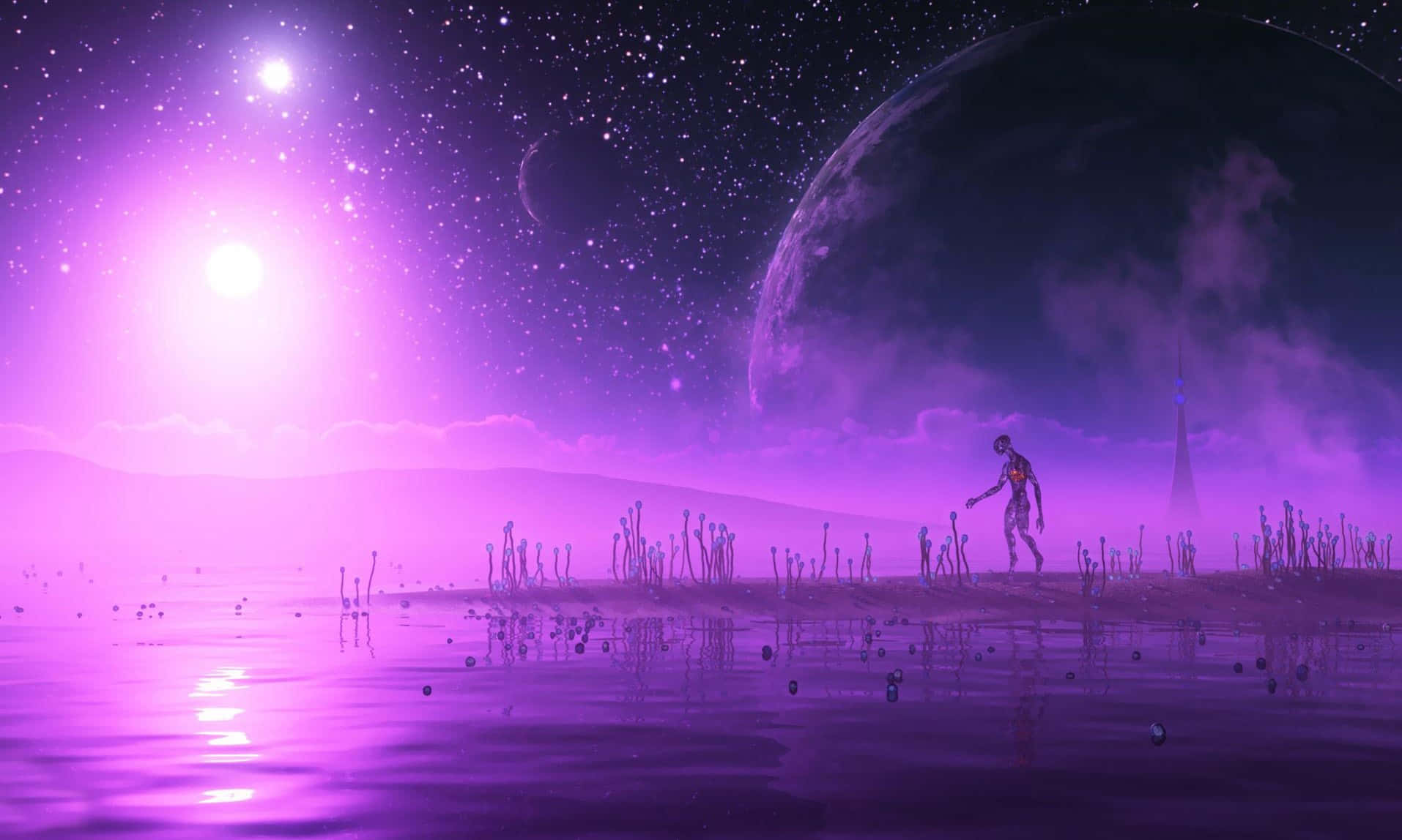 一個孤獨的身影在紫色天空下、有巨大月亮和發光太陽的外星行星上行走。