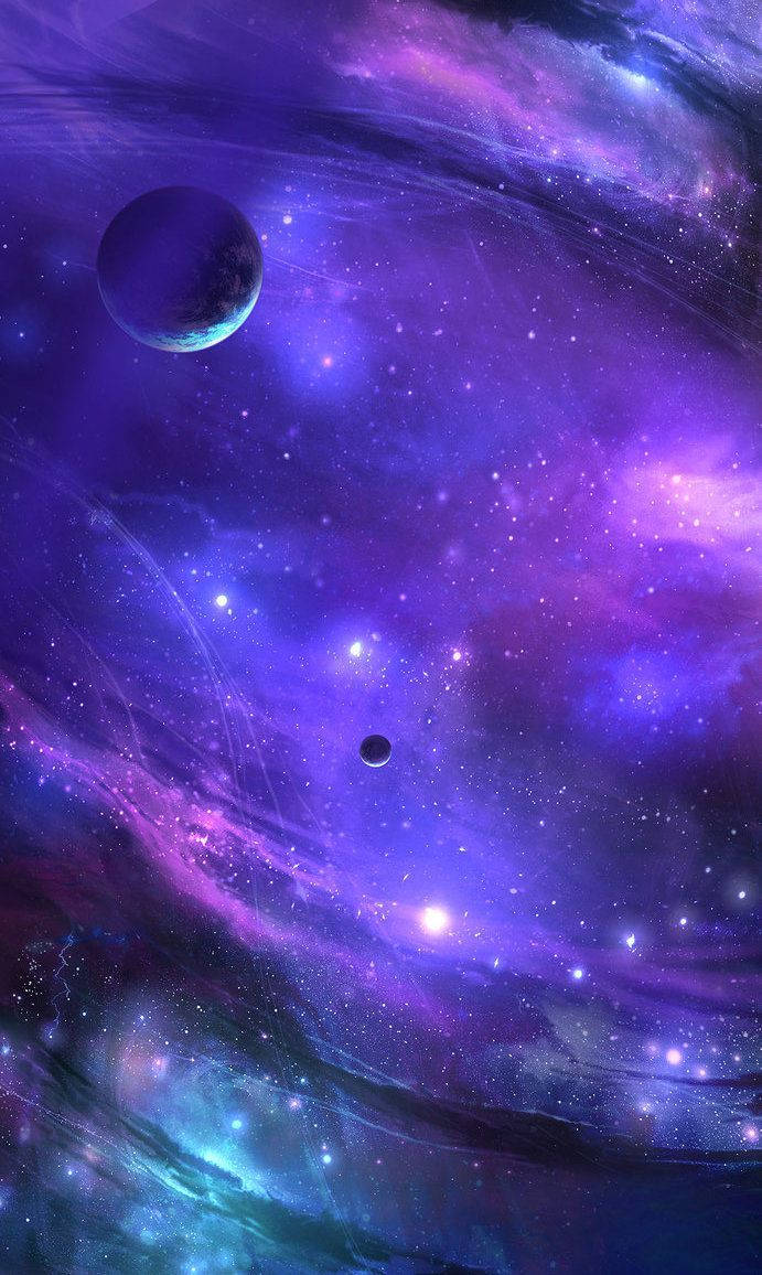 深空中帶有星星和兩顆行星的鮮豔紫色和藍色星雲。