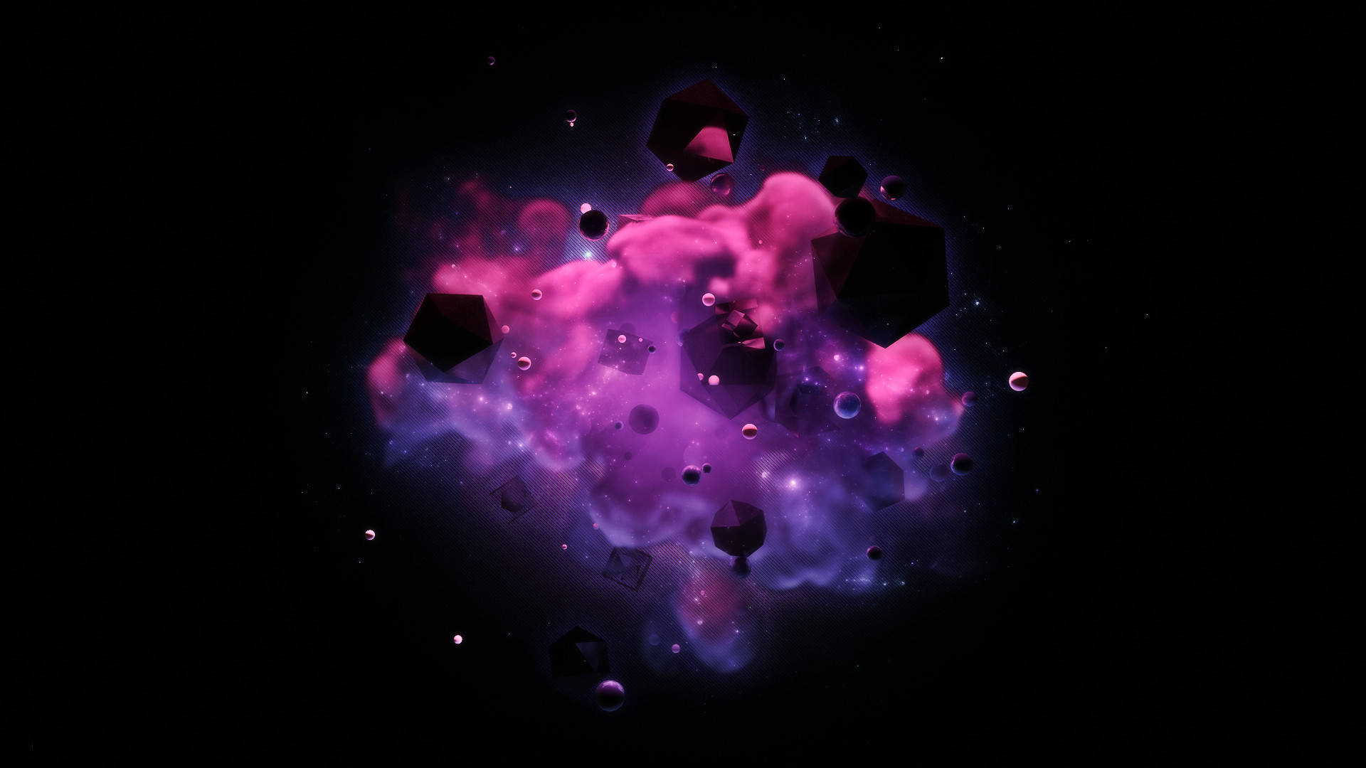 紫色星系煙霧 HD 壁紙 — 充滿活力的紫色和粉紅色宇宙星雲，帶有漂浮的黑色幾何形狀，背景是星空虛空。