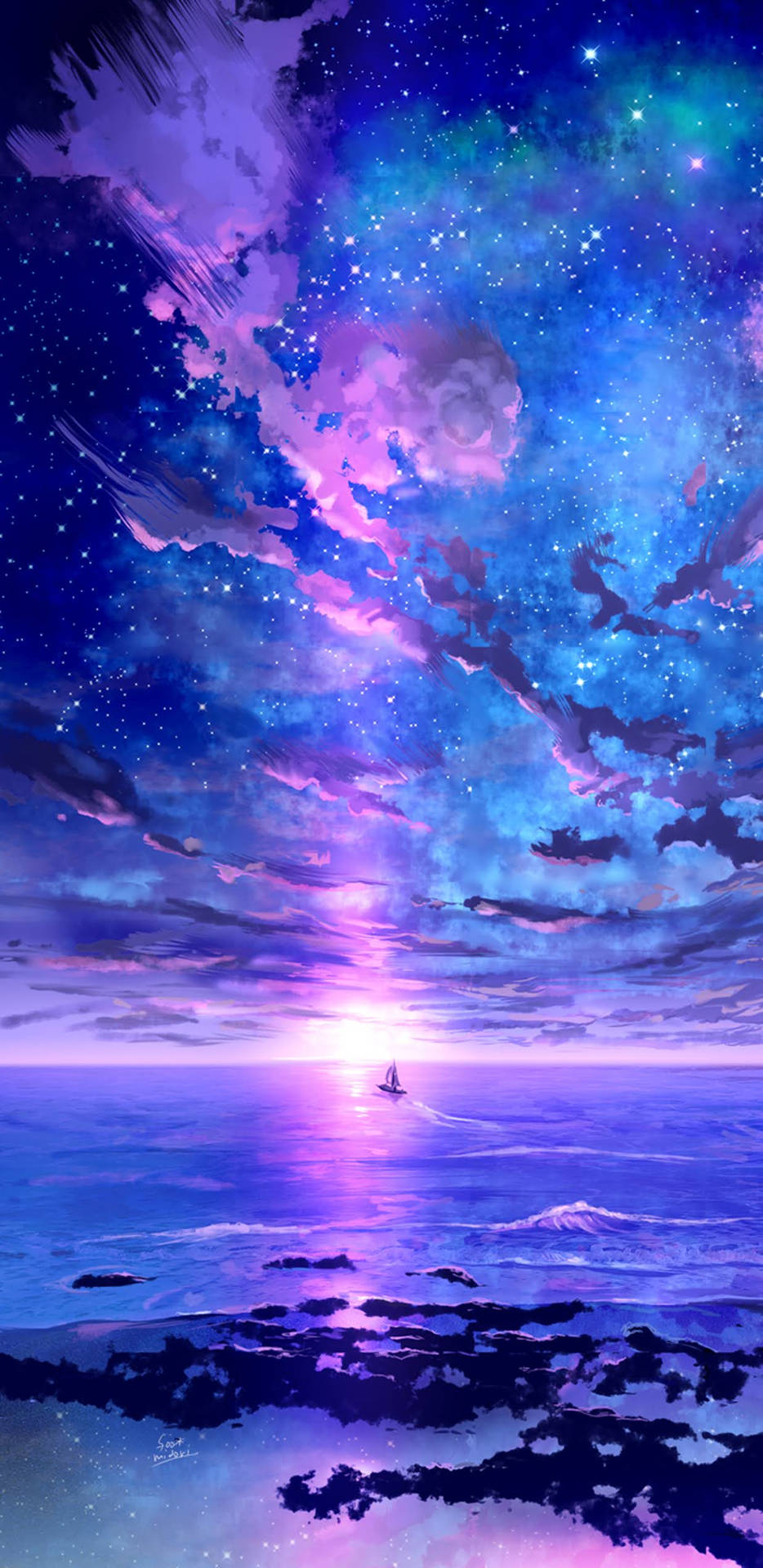 一艘帆船在發光的海洋上，星空下紫色和藍色的天空。
